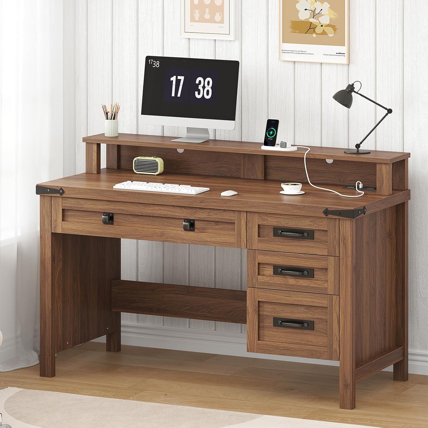 YOMILUVE Farmhouse Executive Desk with Drawers, 47' Computer Desk with Power Outlets, Home Office Desk with Monitor Stand & 4 Drawers, Small Desk Writing Study Table, Brown
