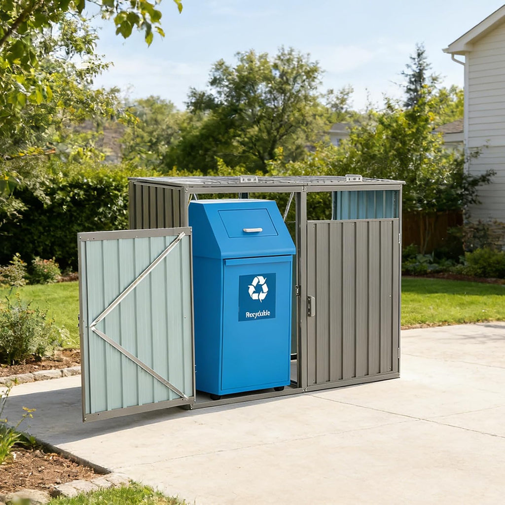 Outdoor Trash Can Storage Shed, Metal Trash Can Enclosure for 2 Trash Cans, Garbage Can Holders for Outside, Garbage Bin Storage Shed for Garden Yard Lawn (5.3 FT, Light Gray)