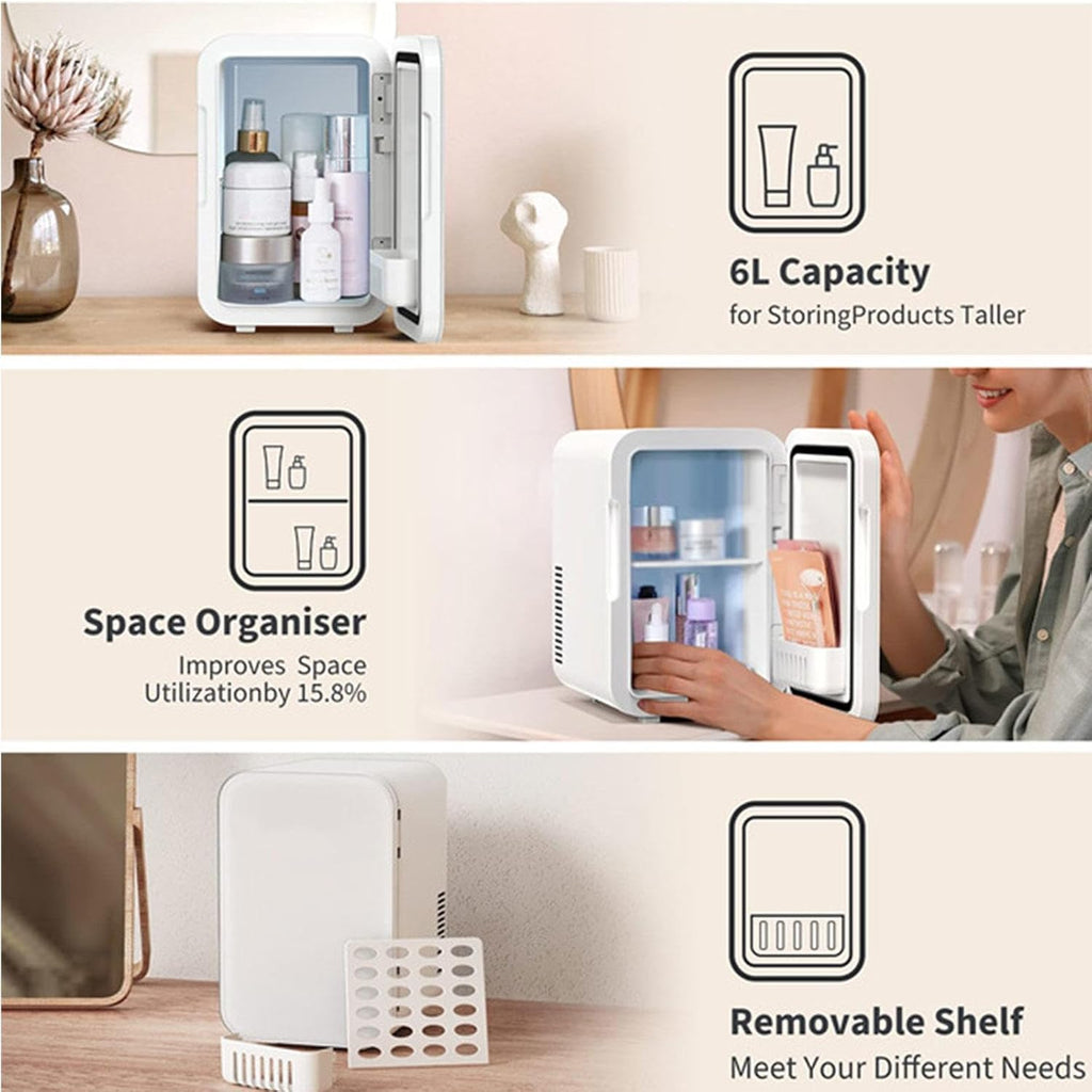 Mini Skincare Fridge (6 Liter/8 Can) with 12V DC 110～220 V AC Cooler and Warmer for Refrigerating Make Up Skin Care and Food Portable Mini Fridge for Bedroom Office and Car,Black