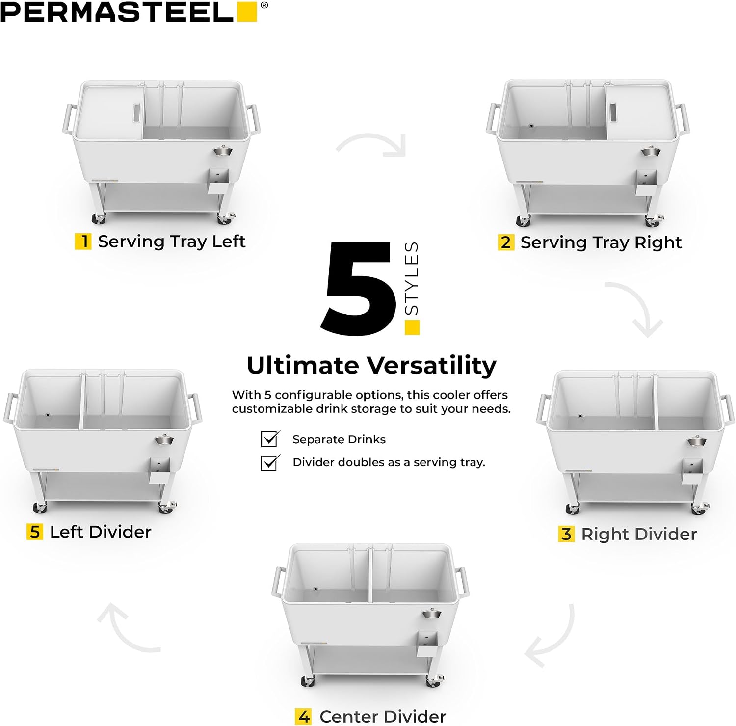 Permasteel Party Cooler with Divider, Removable Basin, Spacious 80-Qt Capacity, Chills 36hrs, Serving Tray, Rolling Ice Chest for Indoor & Outdoor