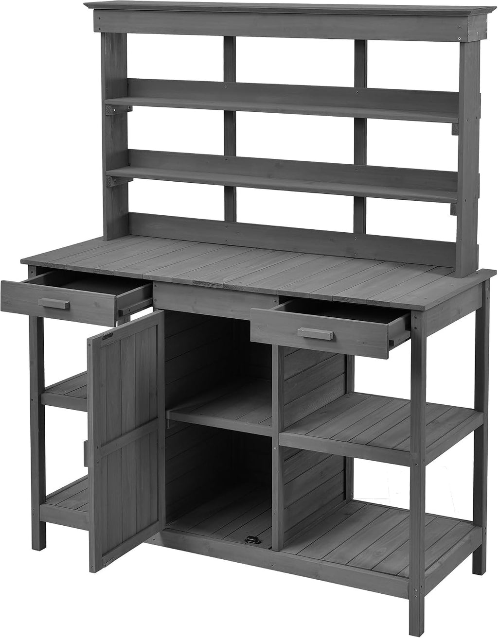 JIVOIT Outdoor Garden Potting Bench Table, 66' Large Farmhouse Wooden Garden Potting Table with 2 Drawers, Cabinet and 4-Tier Open Shelves, Garden Workstation Backyard Mudroom