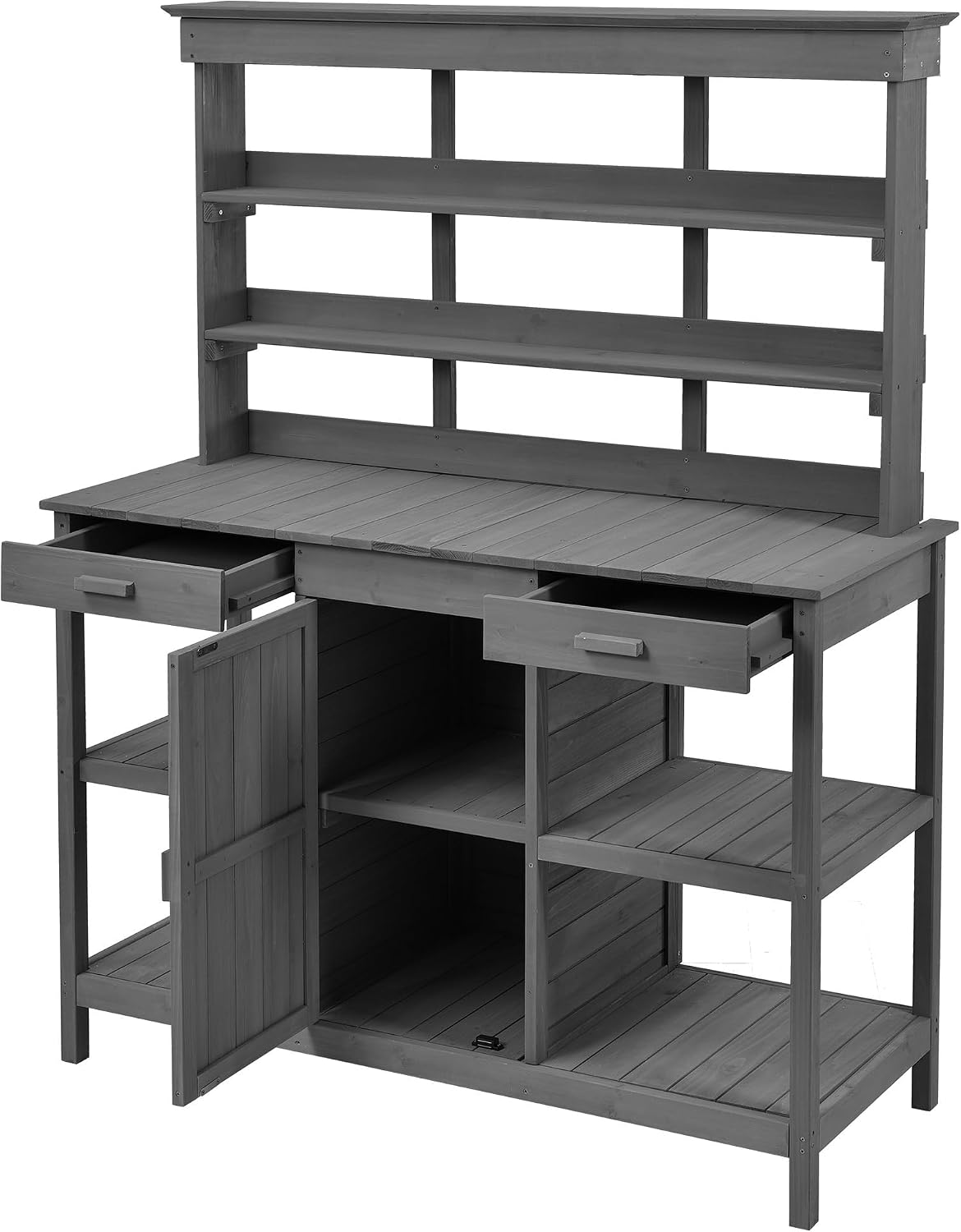 JIVOIT Outdoor Garden Potting Bench Table, 66' Large Farmhouse Wooden Garden Potting Table with 2 Drawers, Cabinet and 4-Tier Open Shelves, Garden Workstation Backyard Mudroom