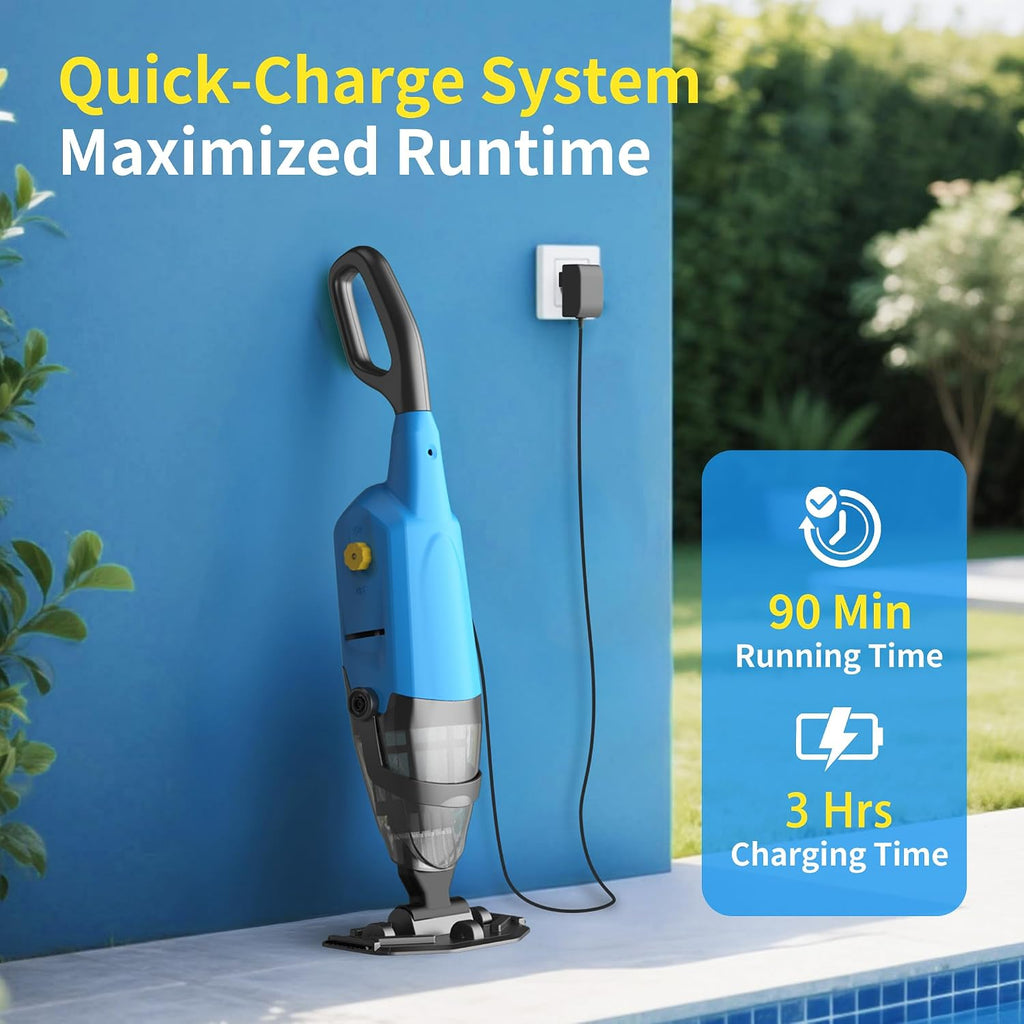 Cordless Rechargeable Pool Vacuum for Above & In-Ground Pools – 18GPM Suction, 90 Min Runtime, Fast 3H Charge, 69' Telescopic Pole – Deep Clean for Spa, Hot Tub, Sand, Leaves, Debris (Blue)
