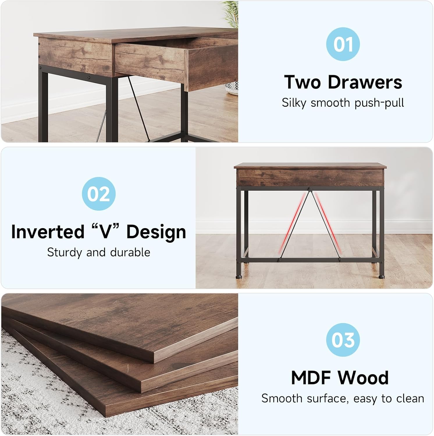 Mexin Small Desk with 2 Wooden Drawers, 40 Inch Home Office Writing Desk, Vanity Desk with Storage, Computer Desk for Bedroom Small Spaces, Table for Office, Kids Study, Makeup, Rustic Brown