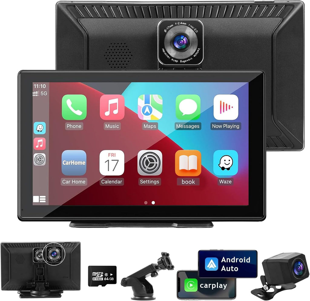 9.3' Carplay Screen for Car with Backup Camera, 2.5K Wireless Display, Android Auto Compatible, Portable Dash Cam, Touch Monitor, GPS Navigation, Bluetooth FM Transmitter, Universal Mount, Gifts