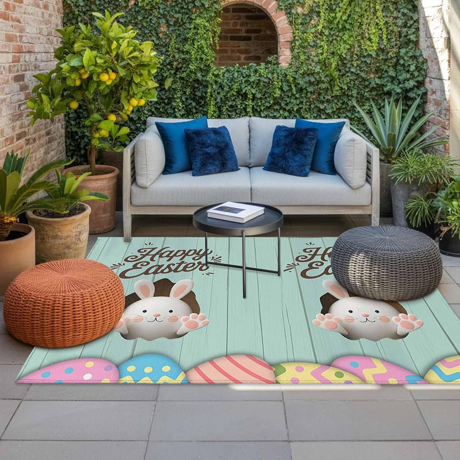 Green Easter Outdoor Rug for Patio/Deck/Porch, Non-Slip Large Area Rug 5 x 7 Ft, Spring Cartoon Bunny Colorful Eggs Wood Grain Indoor Outdoor Rugs Washable Area Rugs, Camping Rug Carpet Runner