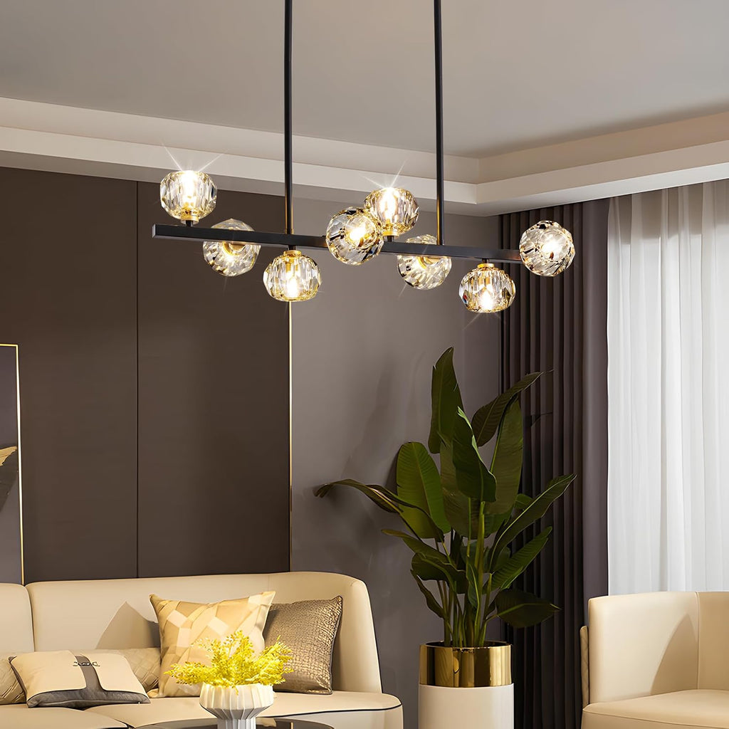 Modern Crystal Chandelier Dining Room Light fixtures Black Chandeliers with Crystal Ball Shade 8-Lights Industrial Globe Hanging Pendant Lighting for Kitchen Island,Living Room,Dining Room