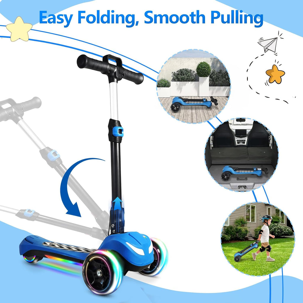 Electric Scooter for Kids Ages 3-12, Full Body Lights Up, Wide Deck, 3 Adjustable Heights, 5MPH Safe Speed, 90min Riding, Foldable 3 Wheel Electric Scooter for Kids Boys Girls Toddler