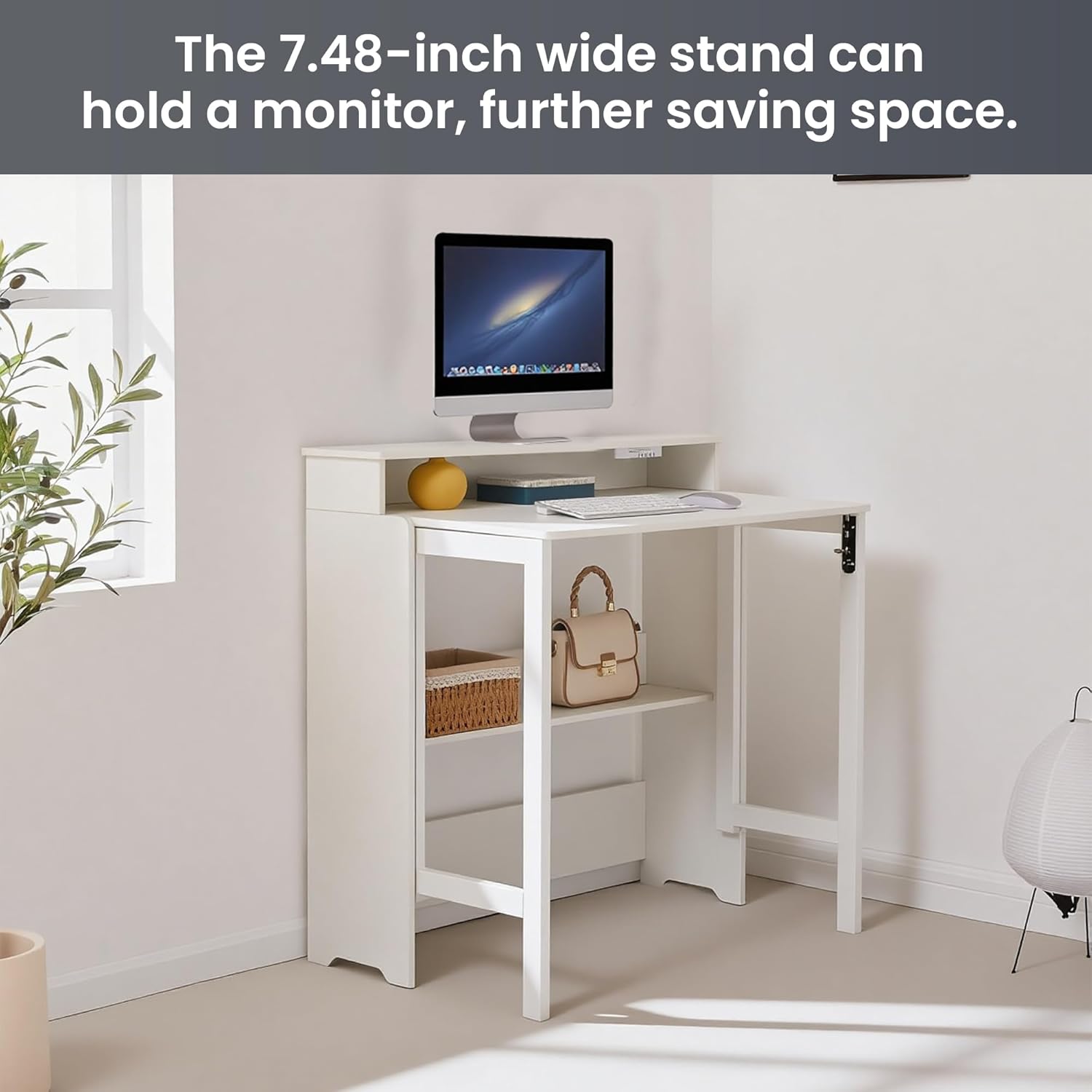 Folding Desk with Charging Station,Fold Out Desk with Monitor Stand,Storage Shelf,Small Foldable Computer Desk for Compact Home Office Spaces (White)