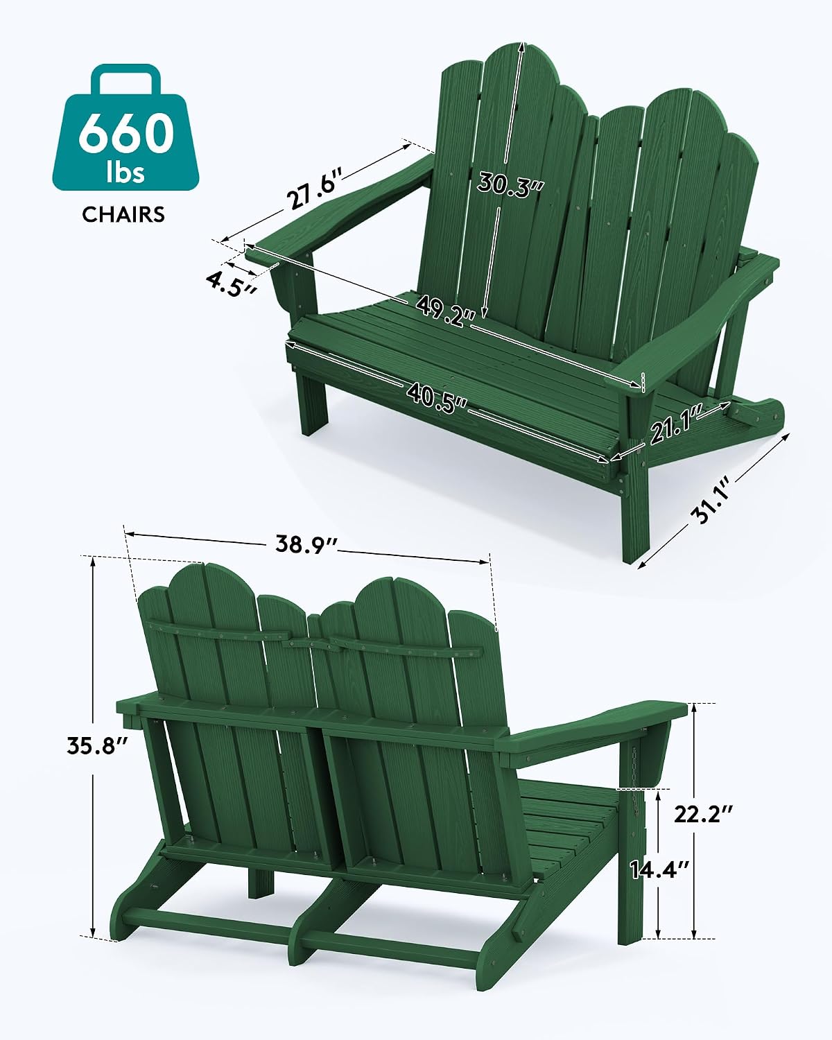 SERWALL Folding Adirondack Bench, HDPE All-Weather Adirondack Loveseat, 660 lbs Capacity, Foldable Outdoor Patio Bench for Deck, Lawn, Garden, Green