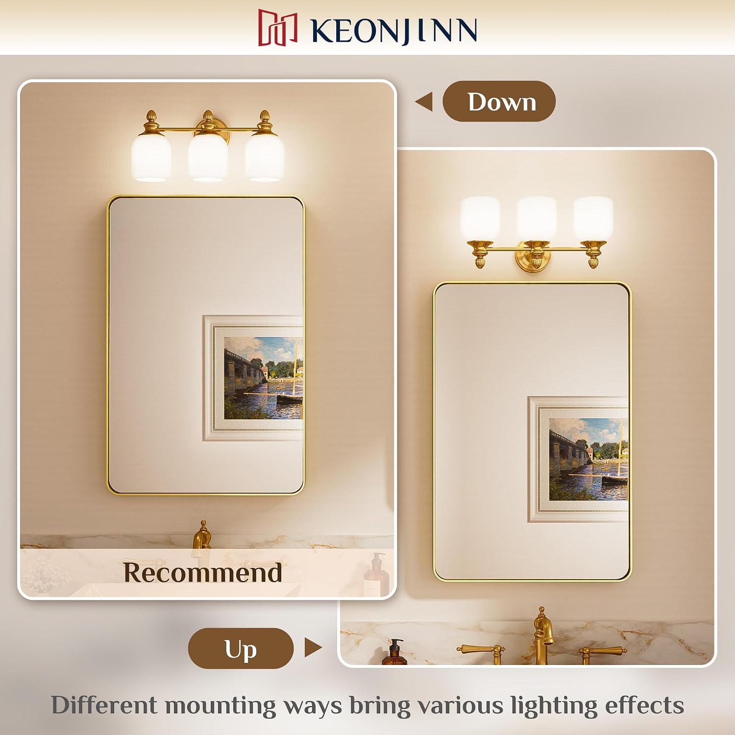 Keonjinn Gold Bathroom Light Fixtures, 4-Light Vintage Vanity Lights for Mirror with Frosted Glass Shades, UL Listed E26 Base(Bulbs Not Included), Reversible Vanity Lighting Fixtures for Bathroom
