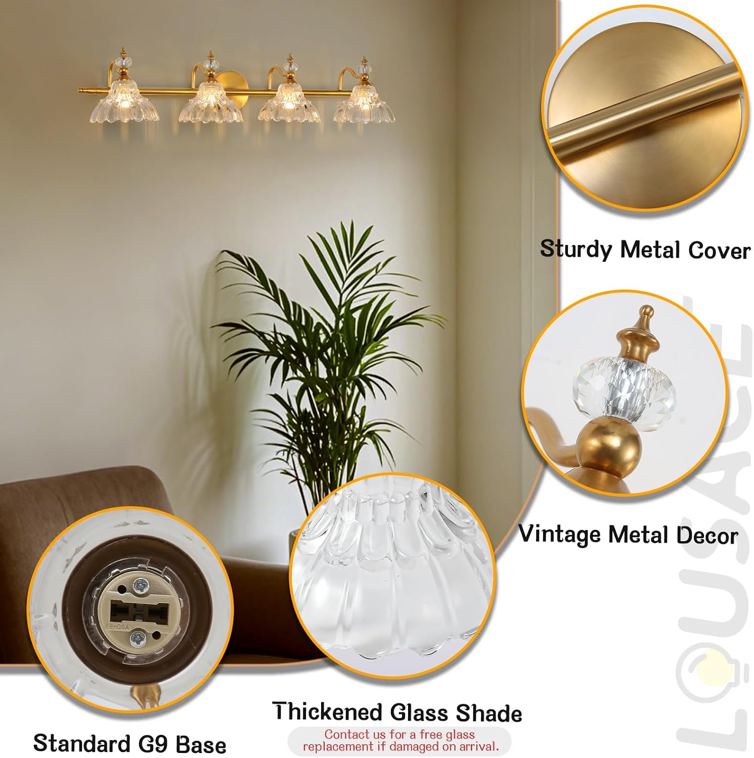 LOUSACE 4-Light Gold Vintage Bathroom Vanity Lights, Antique Brass Bathroom Lighting Fixture Over Mirror with Crystal Glass Shade, Retro Brass Vanity Lighting Fixtures Wall Sconce for Bathroom Bedroom