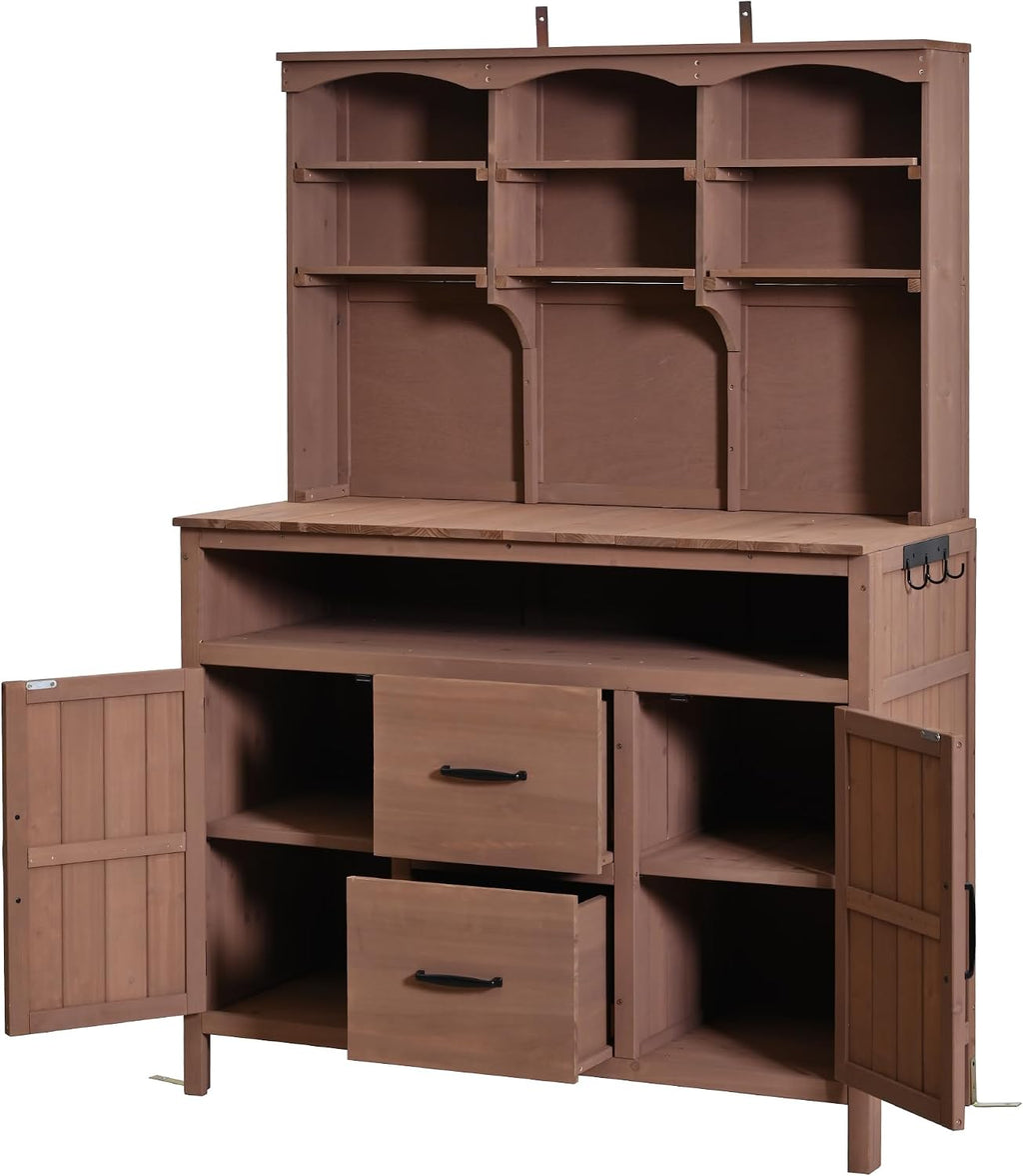 45.3''L Large Fir Wood Potting Bench, Counter Height Outdoor Patio Kitchen Island with Large Countertop, Hutch, Cabinets, Drawers & Hooks, Adjustable Shelf, Wavy Decoration Roof (Brown/103)
