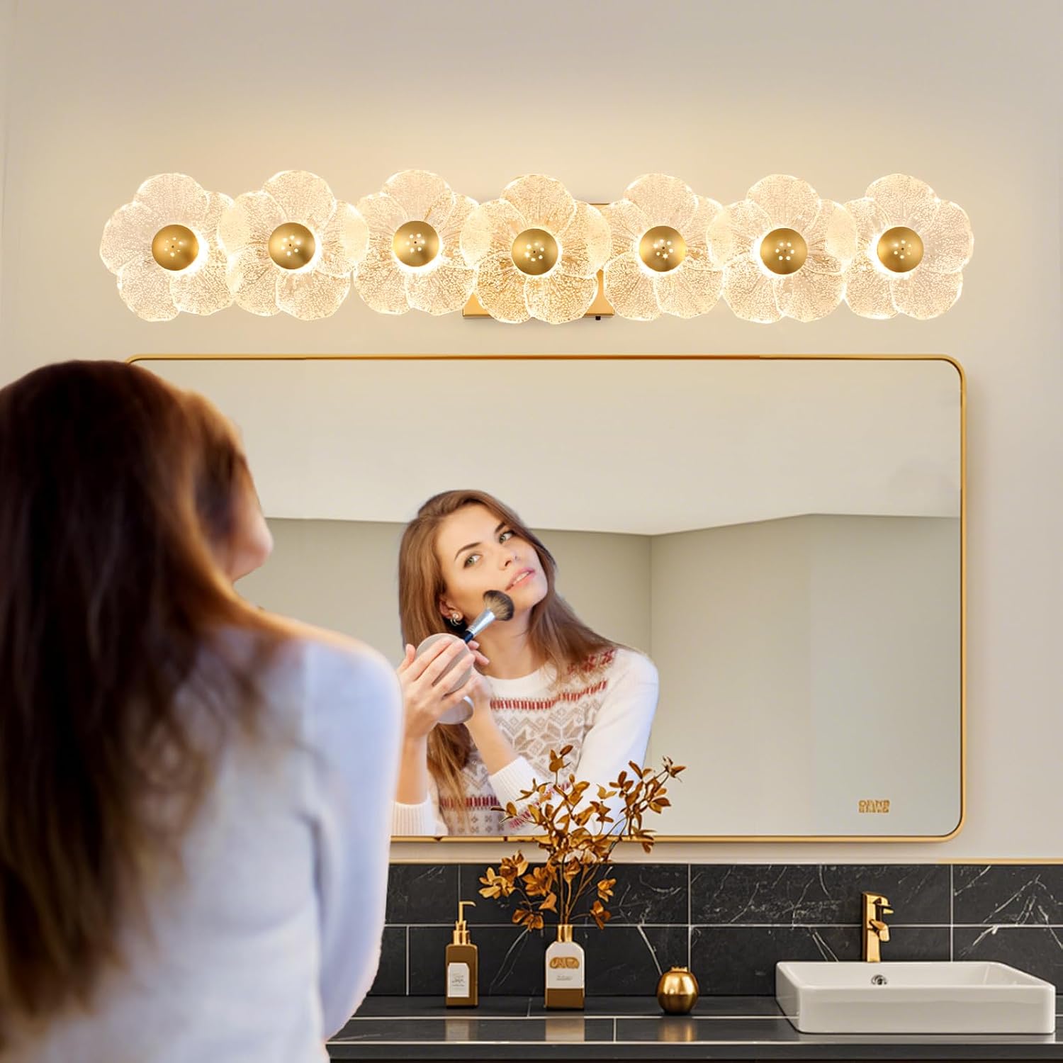 MantoLite 33.46'' Bathroom Light Fixtures Modern Vanity Light Over Mirror Adjustable 3000K-6000K Picture Lights Art Light with Floral Clear Glass Shades for Living Room Bedroom (7 Light Gold)