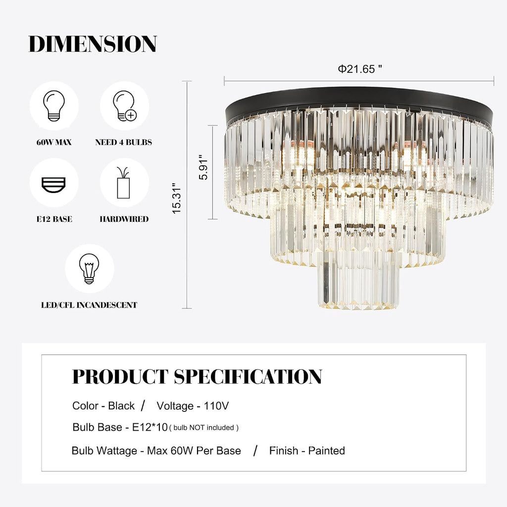 21.65' Black Crystal Ceiling Light 10-Light Modern Crystal Ceiling Light Fixture 3-Tier Luxury K9 Crystal Ceiling Light,for Dining Room Kitchen Island Living Room Bedroom