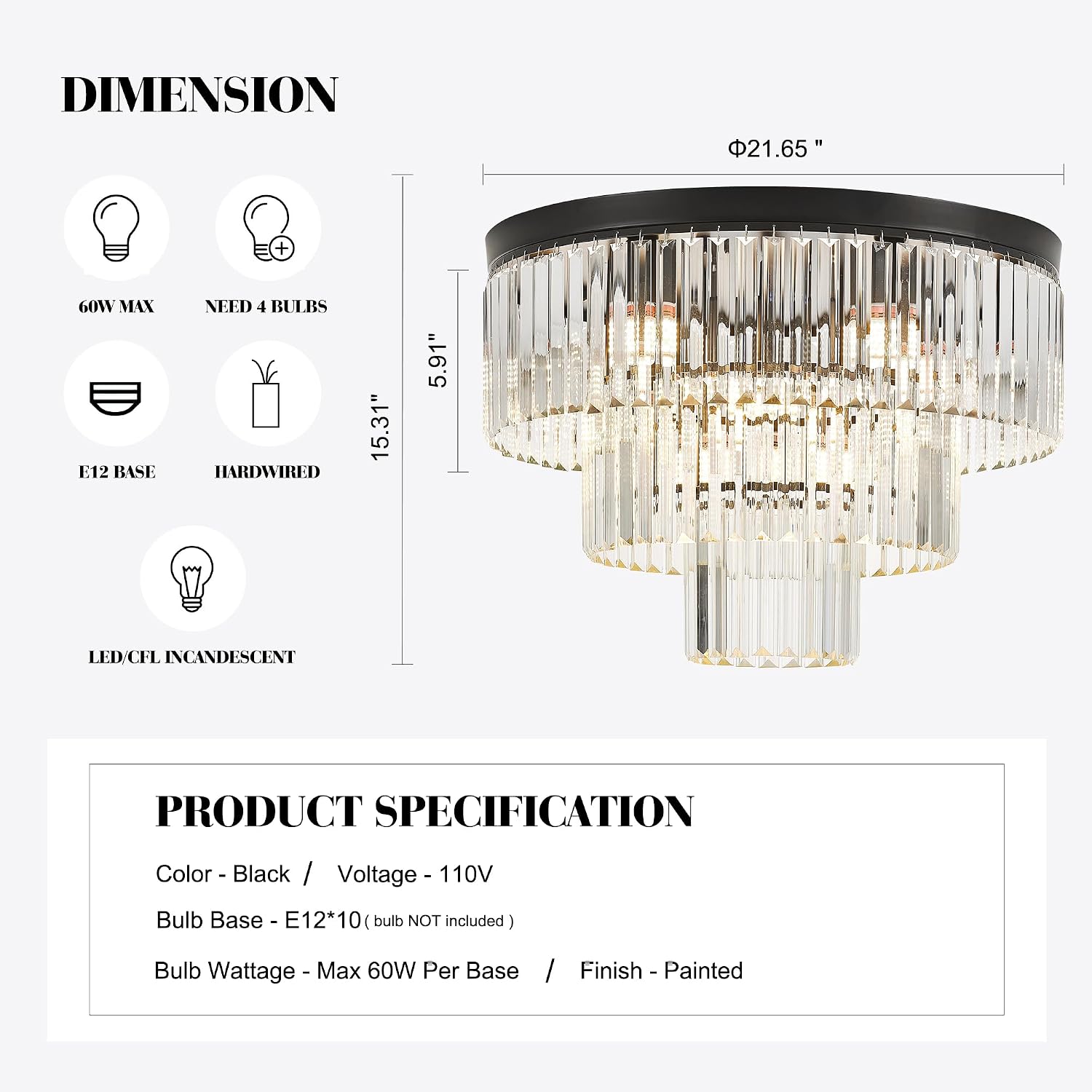 21.65' Black Crystal Ceiling Light 10-Light Modern Crystal Ceiling Light Fixture 3-Tier Luxury K9 Crystal Ceiling Light,for Dining Room Kitchen Island Living Room Bedroom