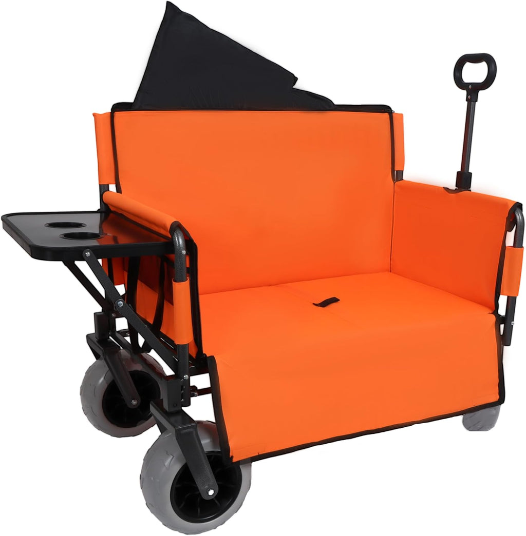3-in-1 Folding Wagon with Bench Seat – 500lbs Capacity,Reinforced Carbon Steel Frame, 180L Cargo Space– Perfect for Camping, Beach, Outdoor Events & Heavy-Duty Hauling (Orange+ Cup Holder)