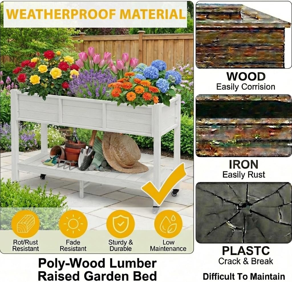 DWVO 47x18x3in Raised Garden Bed HDPE Outdoor with Legs and Lockable Wheels, Weather-Resistant Poly-Wood Elevated Planter Box, Double Tier Planters for Backyard Patio Balcony, White