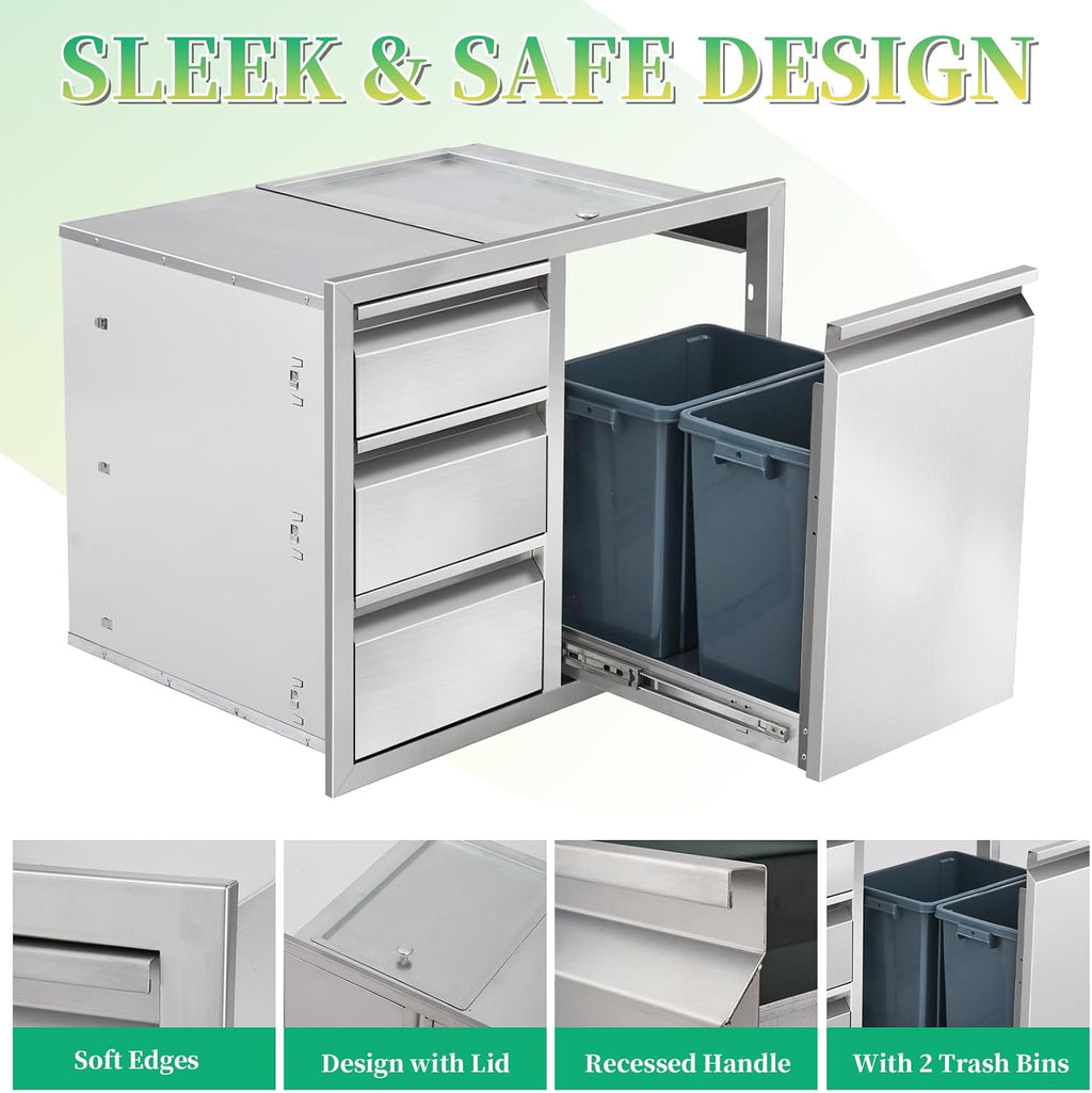 Outdoor Kitchen Drawer Combo Stainless Steel Outdoor Triple Drawers with Trash Bin Compartment & Dual Trash Cans, 28' W x 22' H x 19.5' D Outdoor Kichen Cabinet for Grill Station