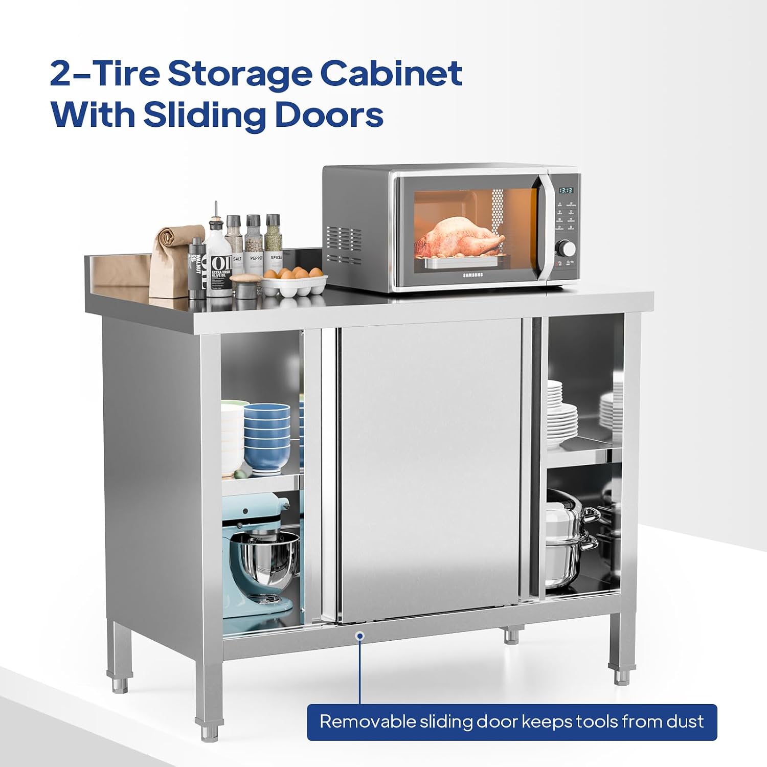 ROVSUN Commercial Heavy Duty Stainless Steel Prep Work Table with Backsplash & 2 Sliding Doors, Large Space Storage Cabinet, 39' x 19' Metal Table for Kitchen, Restaurant