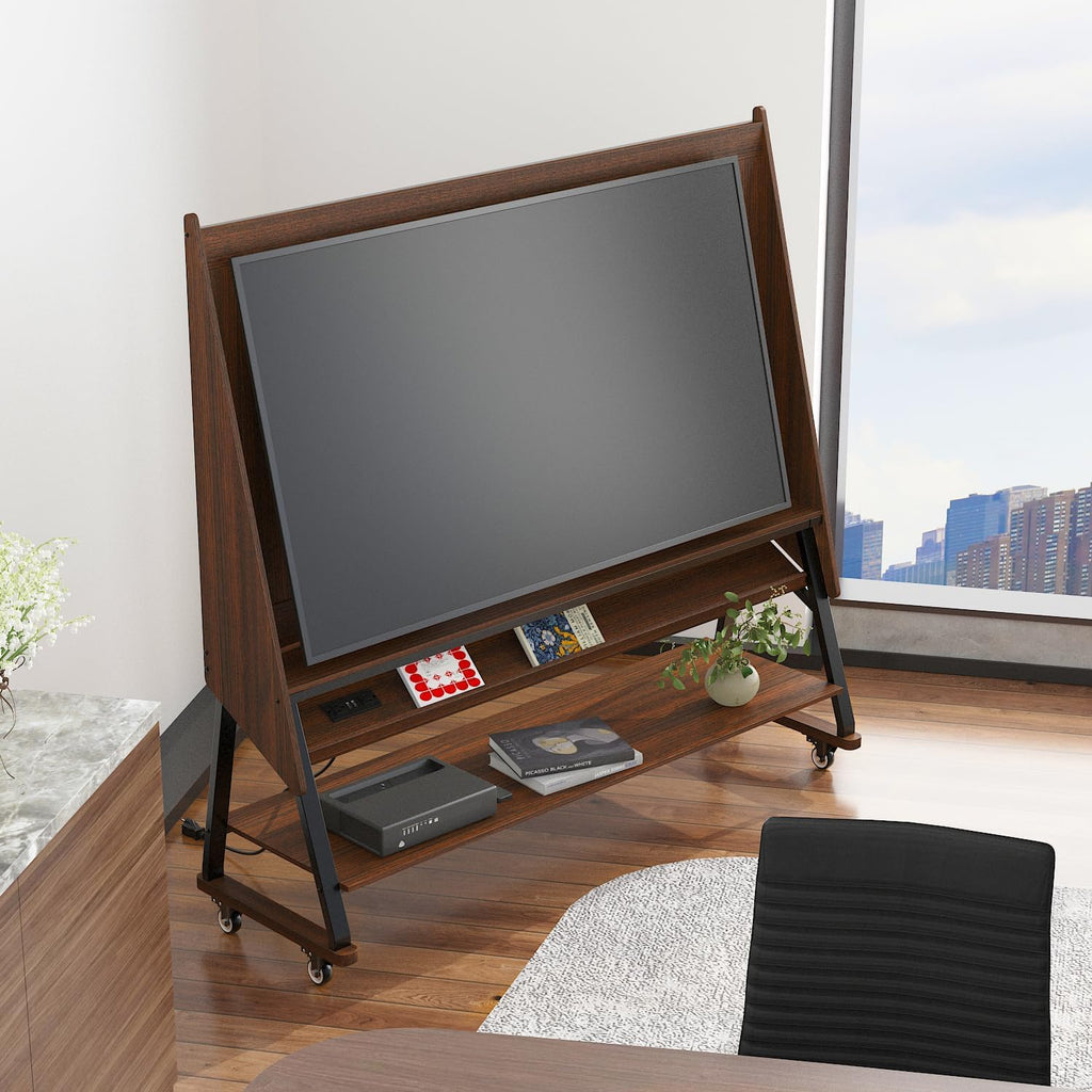 60' W Mobile TV Stand with Mount, Rolling Floor Media Console TV Cart, Wood Corner Monitor Stand with Shelves & Charging Station, for LCD/LED Flat Screens in Home Office, Brown Wood