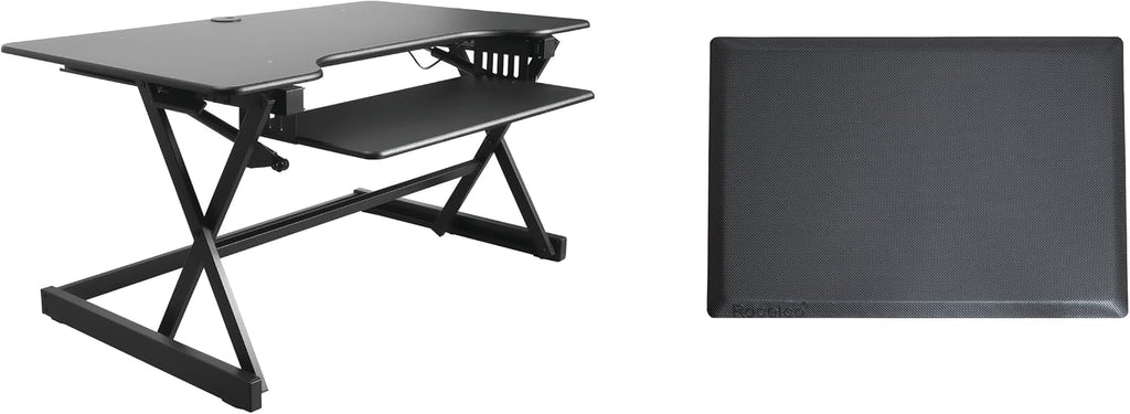 Rocelco 40' Height Adjustable Standing Desk Converter with AC Outlet USB Charger and Anti-Fatigue Floor Mat - Sit Stand Up Tabletop Riser - Sliding Keyboard Tray - Black (R DADRB-40-ACUSB-MAFM)