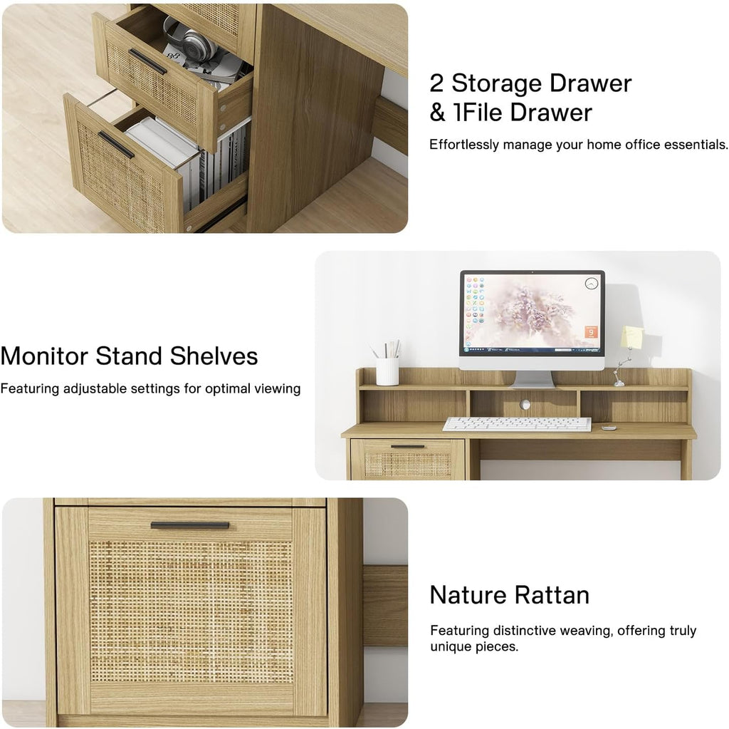 FUNKOCO Computer Desk with Rattan Drawers and Hutch - 47 Inch Home Office Boho Writing Desk with Storage File Drawer & Monitor Stand, Modern Wood Computer Table