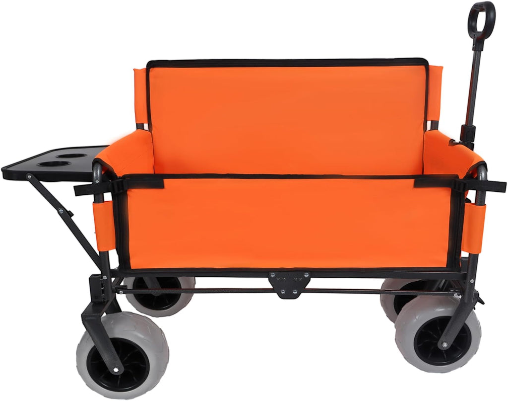 3-in-1 Folding Wagon with Bench Seat – 500lbs Capacity,Reinforced Carbon Steel Frame, 180L Cargo Space– Perfect for Camping, Beach, Outdoor Events & Heavy-Duty Hauling (Orange+ Cup Holder)