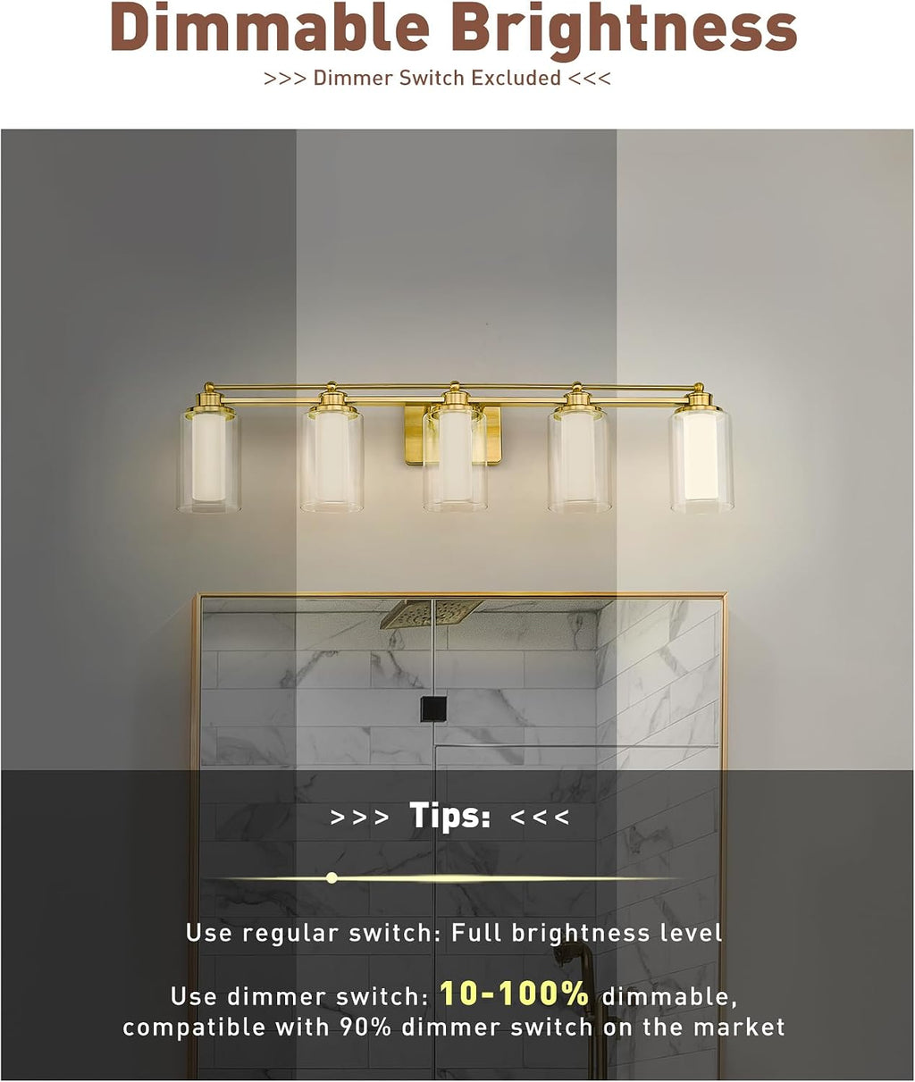 5 Light Vanity Light, HWH Brushed Gold Bathroom Light Fixtures Modern Vanity Lights Over Mirror with Clear Glass, 30W 5CCT Dimmable LED Vanity Lights for Bathroom, 5HLT63B-5W-LED BG