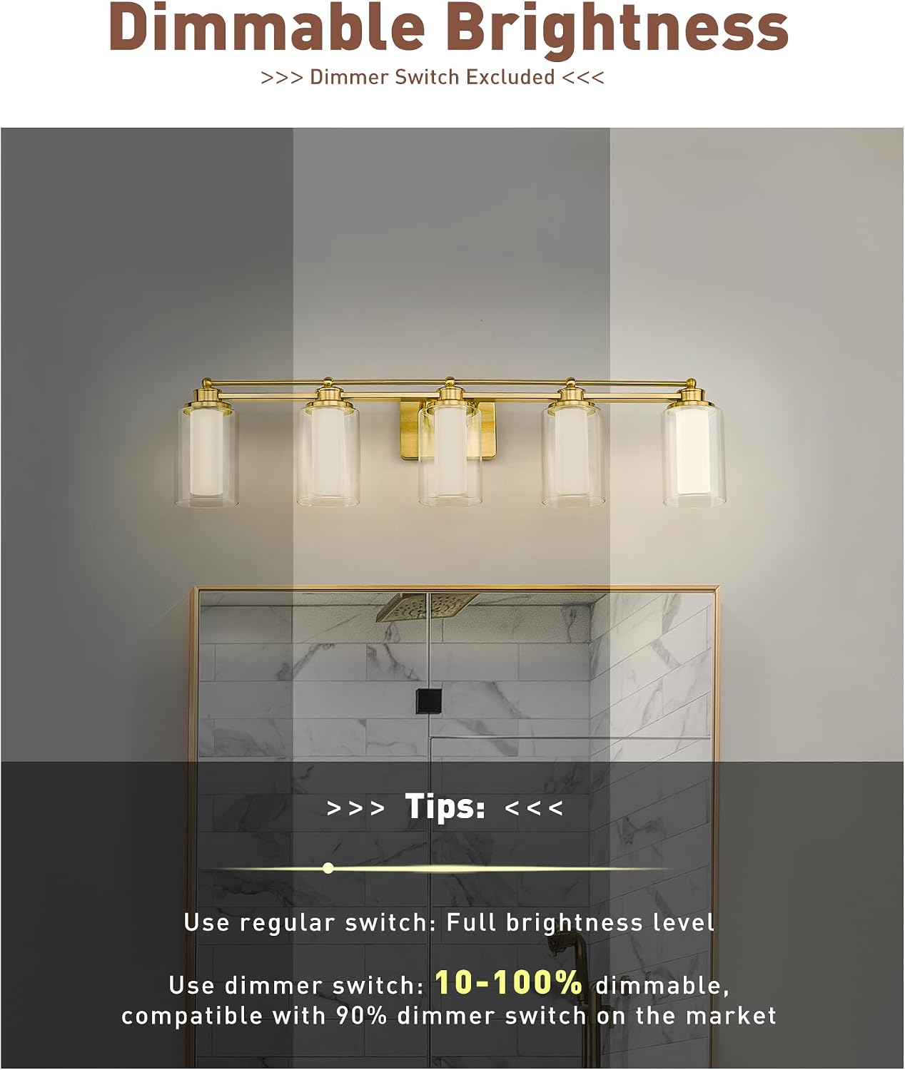 5 Light Vanity Light, HWH Brushed Gold Bathroom Light Fixtures Modern Vanity Lights Over Mirror with Clear Glass, 30W 5CCT Dimmable LED Vanity Lights for Bathroom, 5HLT63B-5W-LED BG