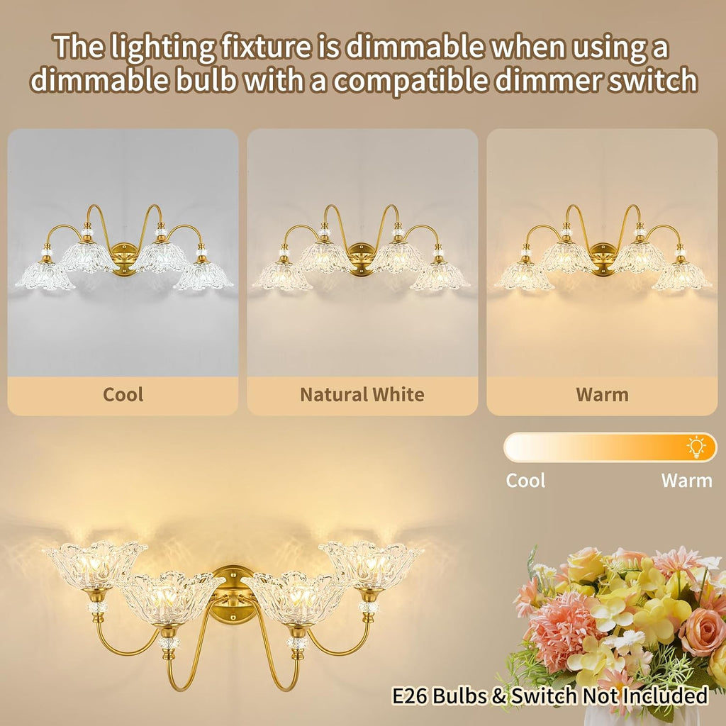Gold Bathroom Vanity Light, 4-Light Brushed Gold Finish Vanity Light with Floral Clear Glass Shades, Vintage Wall Mount Lighting for Bathroom, Dressing Table