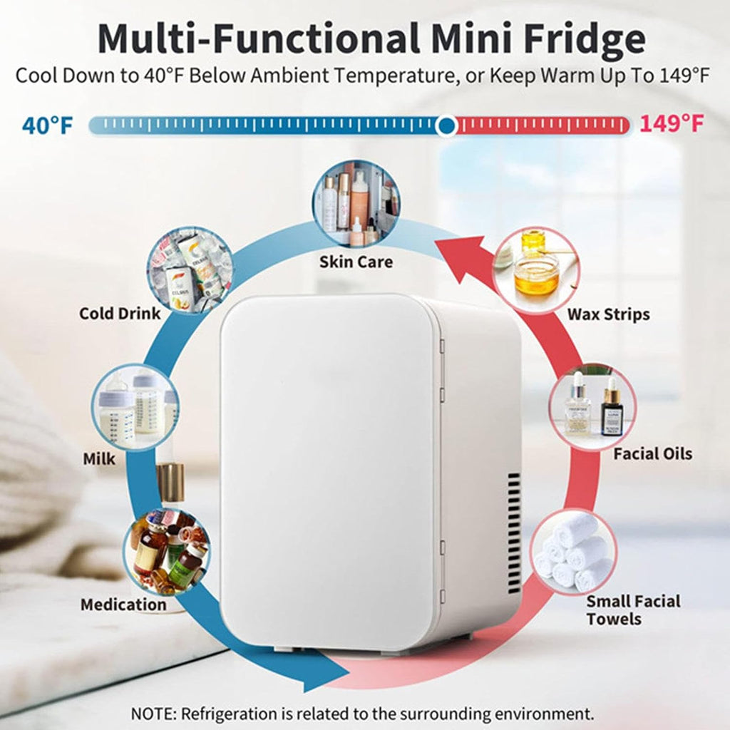 Mini Skincare Fridge (6 Liter/8 Can) with 12V DC 110～220 V AC Cooler and Warmer for Refrigerating Make Up Skin Care and Food Portable Mini Fridge for Bedroom Office and Car,White