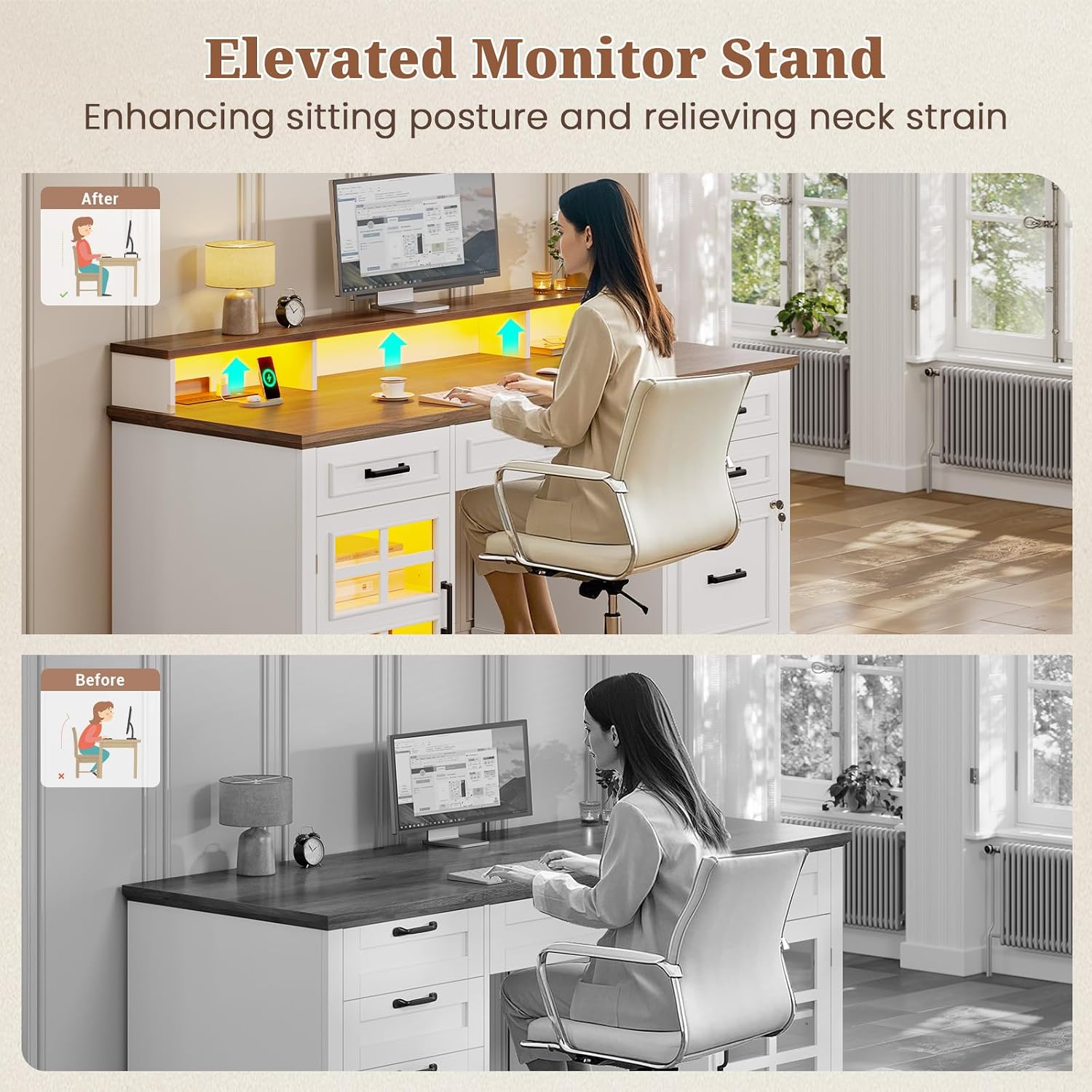 UPOSOJA 60'' Farmhouse Executive Desk with Drawers, Home Office Desk with Power Outlet & LED Light, Wood Computer Desk with Monitor Stand, Locking File Drawer, Glass Storage Cabinet, Hooks, White