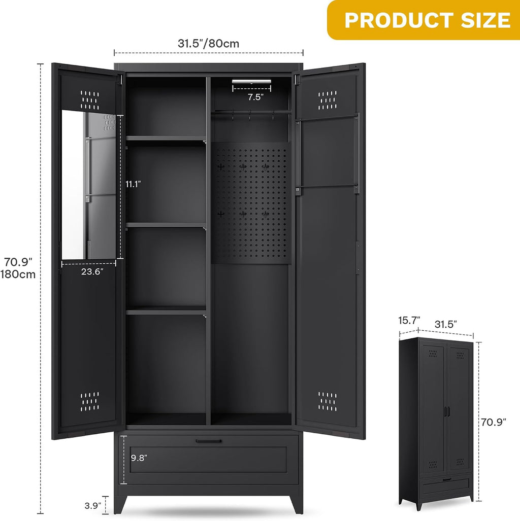 DWVO Metal Garage Storage Cabinet with Pegboard, 71' Tall Broom Cabinet with Lights, Adjustable Shelves, Heavy Duty Tool Storage Cabinet for Garage, Cleaning Room, Gym