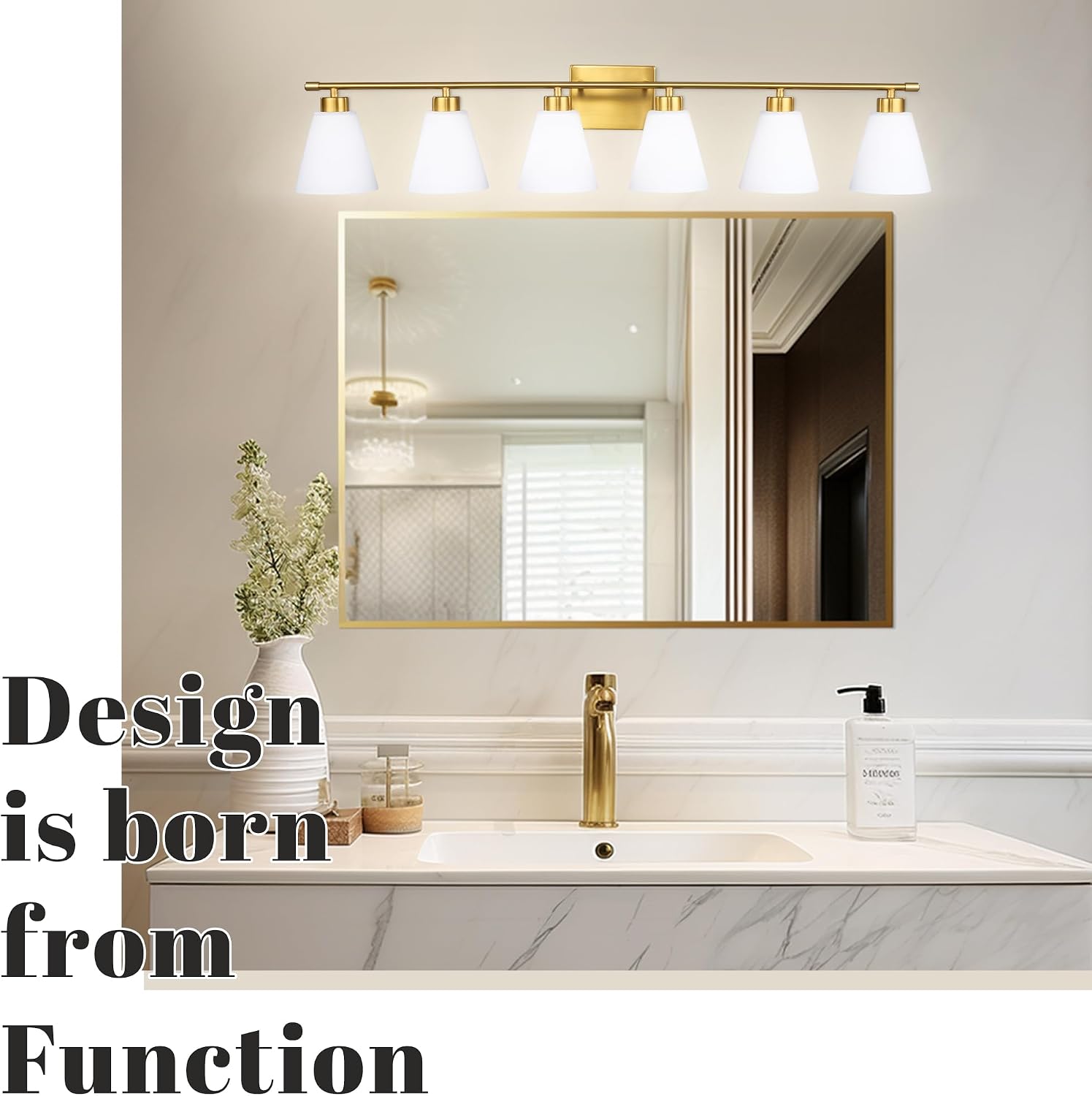 Hamilyeah 6 Light Bathroom Vanity Light Gold, 45 inch Gold Bathroom Vanity Lighting Fixtures Over Mirror with Milk Glass Shade, 6 Bulb Light Fixtures Over Mirror