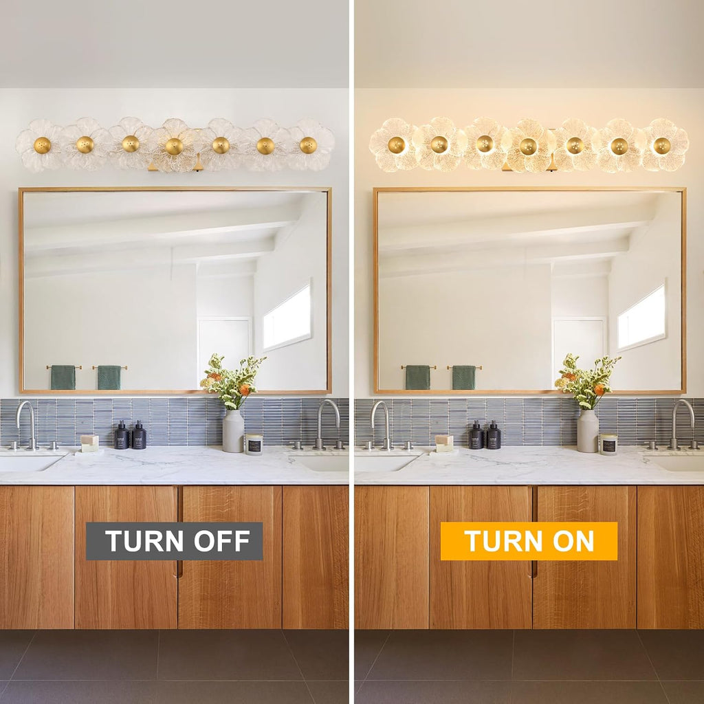 MantoLite 33.46'' Bathroom Light Fixtures Modern Vanity Light Over Mirror Adjustable 3000K-6000K Picture Lights Art Light with Floral Clear Glass Shades for Living Room Bedroom (7 Light Gold)