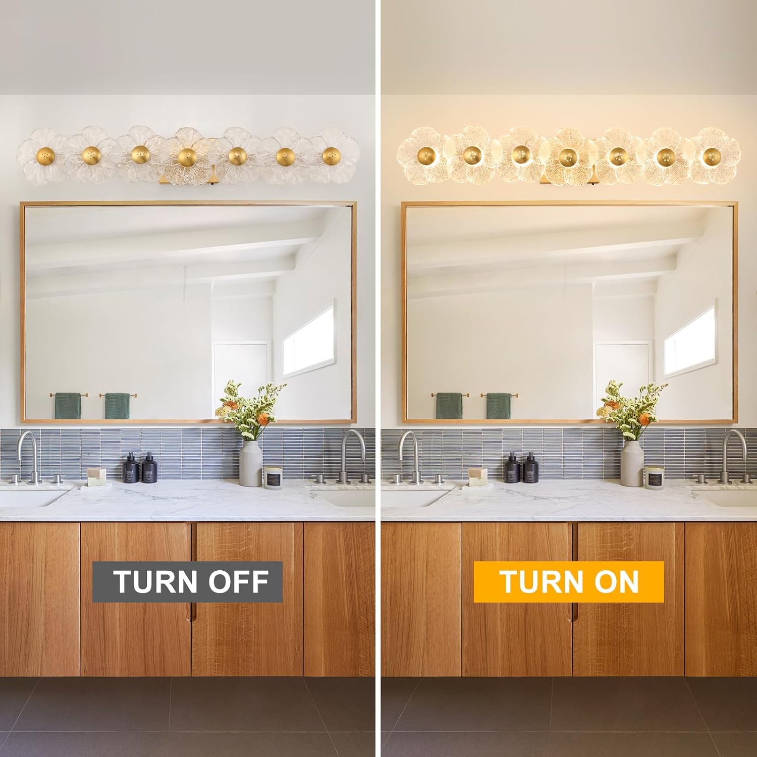 MantoLite 33.46'' Bathroom Light Fixtures Modern Vanity Light Over Mirror Adjustable 3000K-6000K Picture Lights Art Light with Floral Clear Glass Shades for Living Room Bedroom (7 Light Gold)