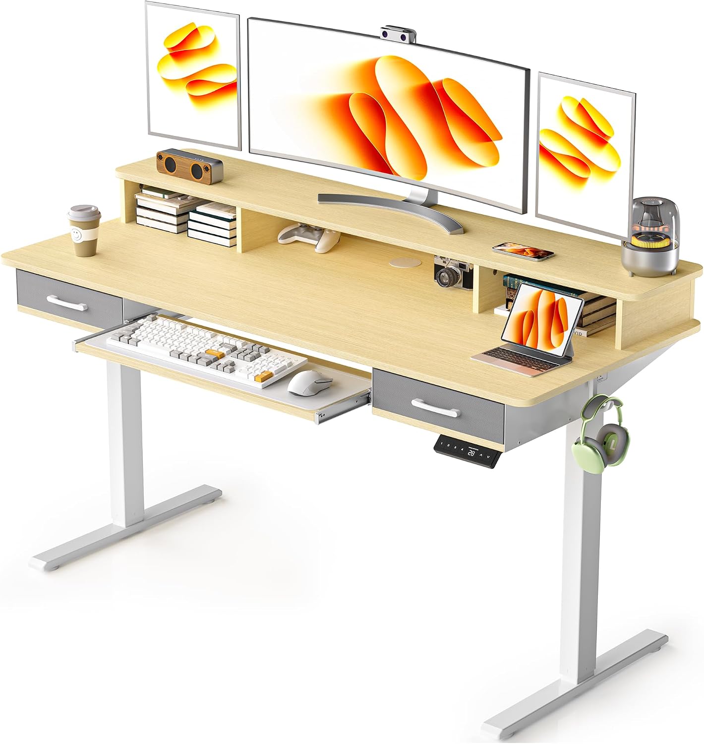 WALKINGDESK 55 Inches Electric Standing Desk with Keyboard Tray, Height Adjustable Sit to Stand Table with 2 Drawers, Ergonomic Home Office Desk with Storage Shelf, Computer Table, Oak
