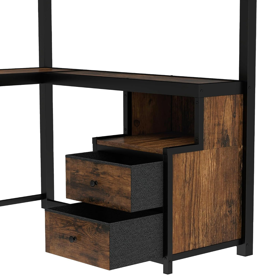 Bellemave Queen Loft Bed with Storage Drawers and L-Shaped Desk, Metal Loft Bed Frame with Computer Monitor Stand, Hang Rod, and Multi-Function Shelves, Loftbed with Noise-Free Design, Black