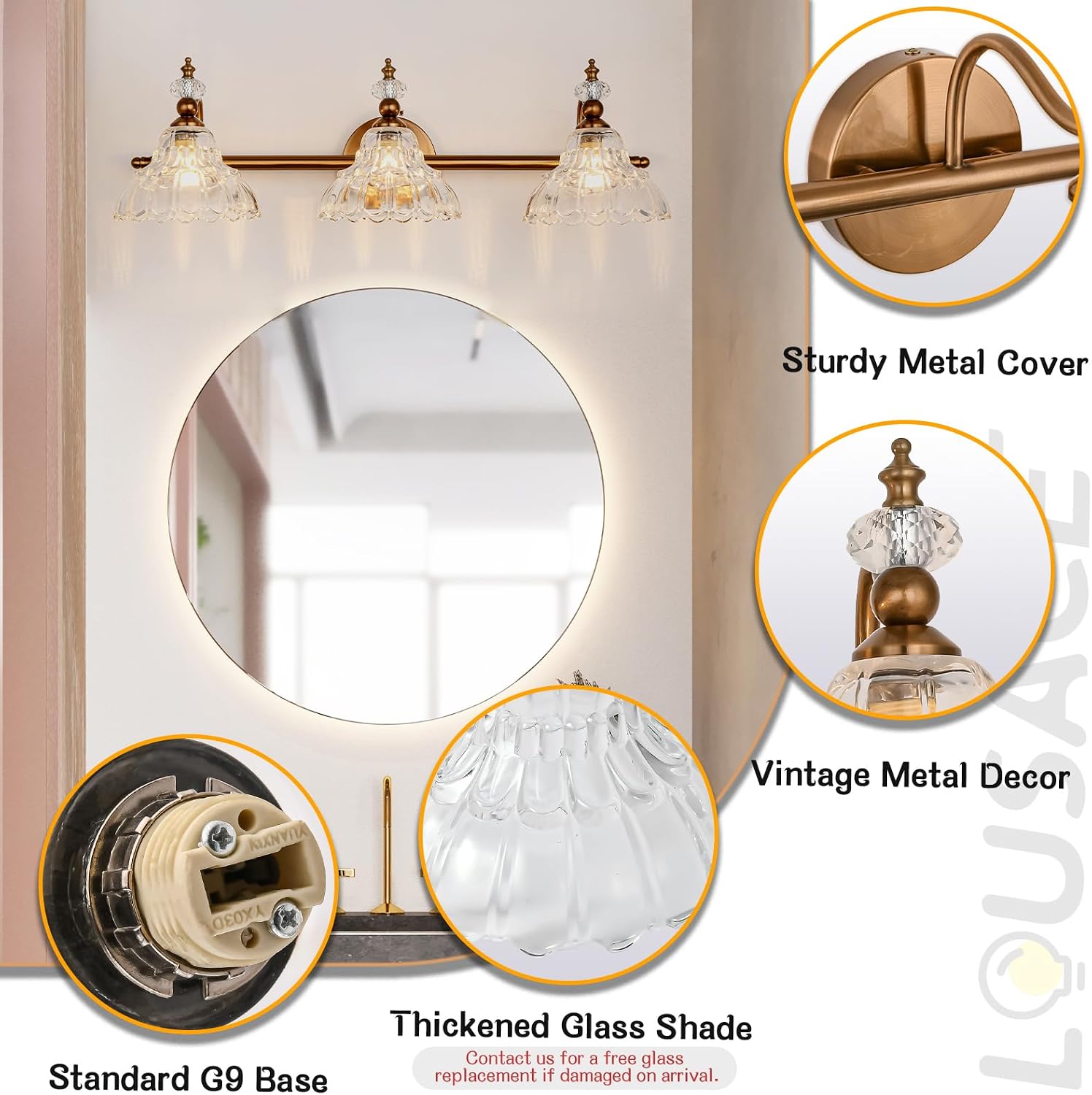 LOUSACE 3-Light Gold Vintage Bathroom Vanity Lights, Antique Brass Bathroom Light Fixture Over Mirror, Retro Brass Vanity Lighting Fixtures with Crystal Glass Shade, Restroom Wall Light Fixture