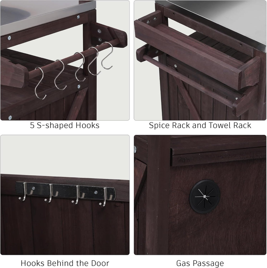 Harper & Bright Designs Grill Cart with Storage Cabinet, Outdoor Kitchen Island with Stainless Steel Top & Raised Shelf, Rolling Grill Cart with Spice Rack & Adjustable Shelf,Brown