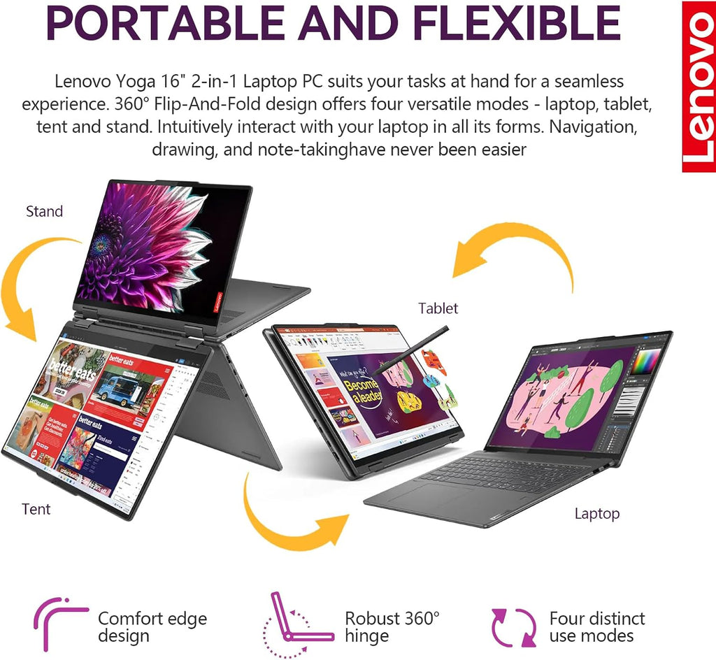 Lenovo Yoga 7i 2 in 1 Laptop Touchscreen, 16' FHD+ 360 Foldable Touch Screen Convertible, Intel Core Ultra 7, Windows 11 Laptop PC, Backlit 10-Key, Fingerprint (16GB DDR5 RAM| 512GB SSD)