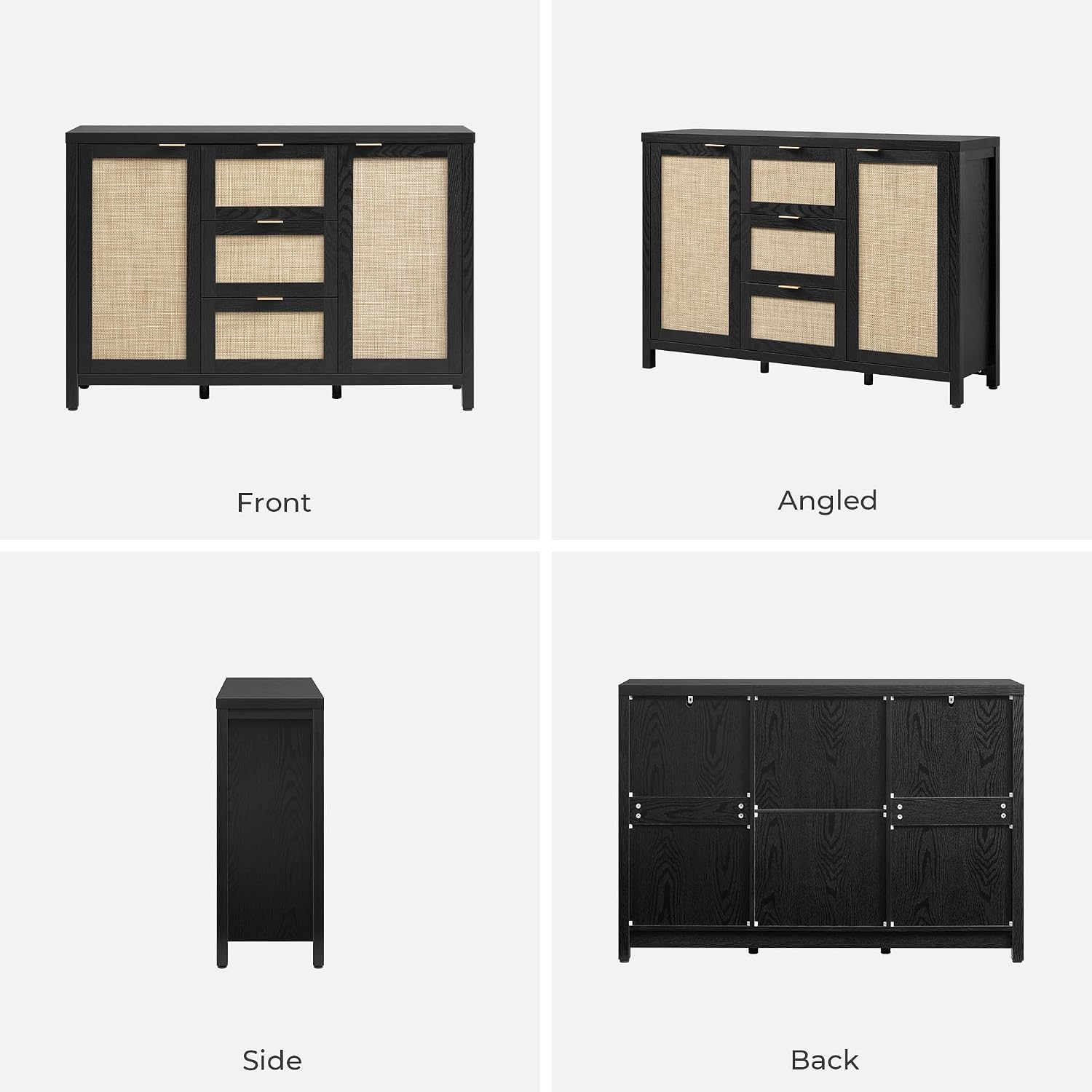 SICOTAS Rattan Large Sideboard Buffet Cabinet with Storage - Farmhouse Boho Coffee Bar Storage Cabinet with 3 Drawers and 2 Doors, Tall Credenza for Living Room, Kitchen, Hallway, Black Oak (2 Pieces)