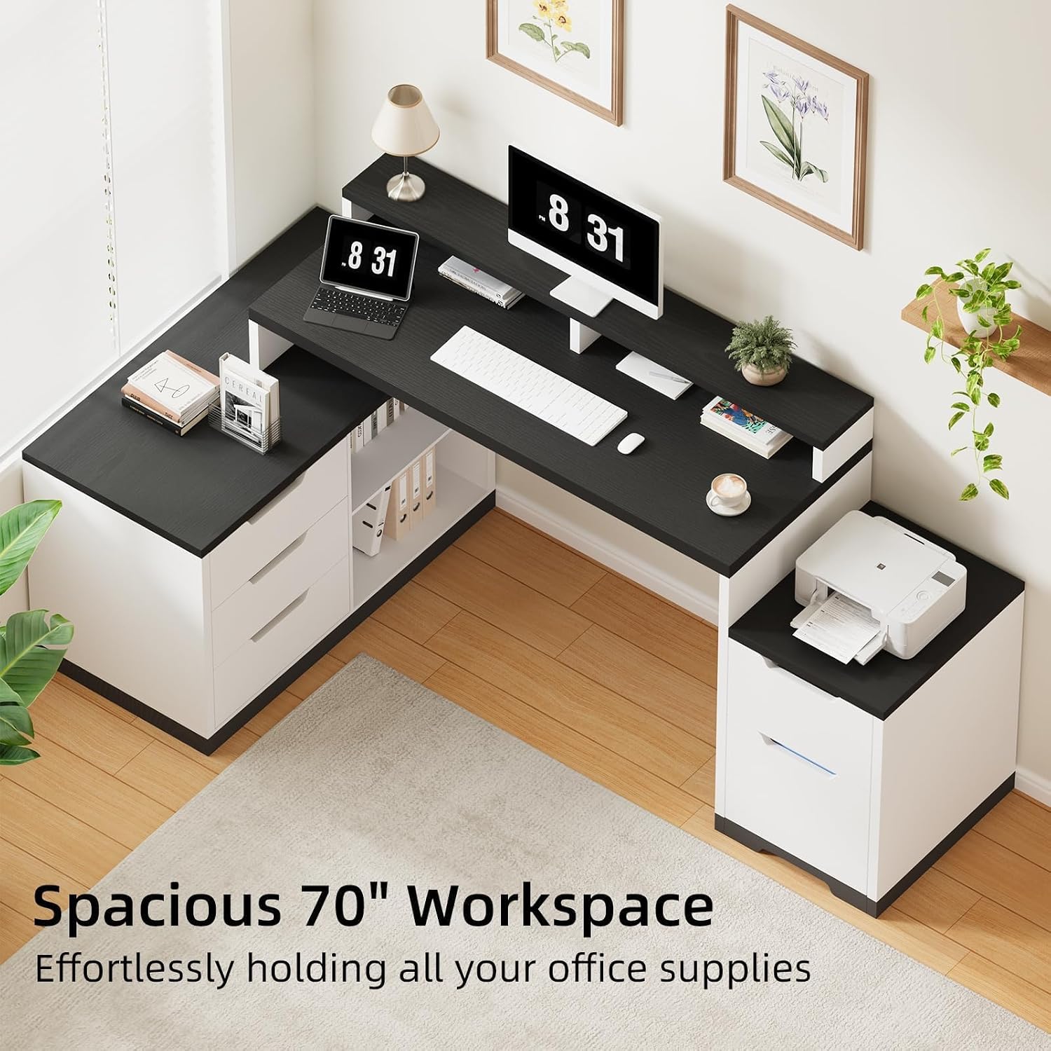 MaverickFurni Modern L Shaped Desk with Drawers, 71 Inch Home Office Desk with File Cabinet and Printer Shelf, Wood Computer Desk with File Drawers and Monitor Stand, White and Black