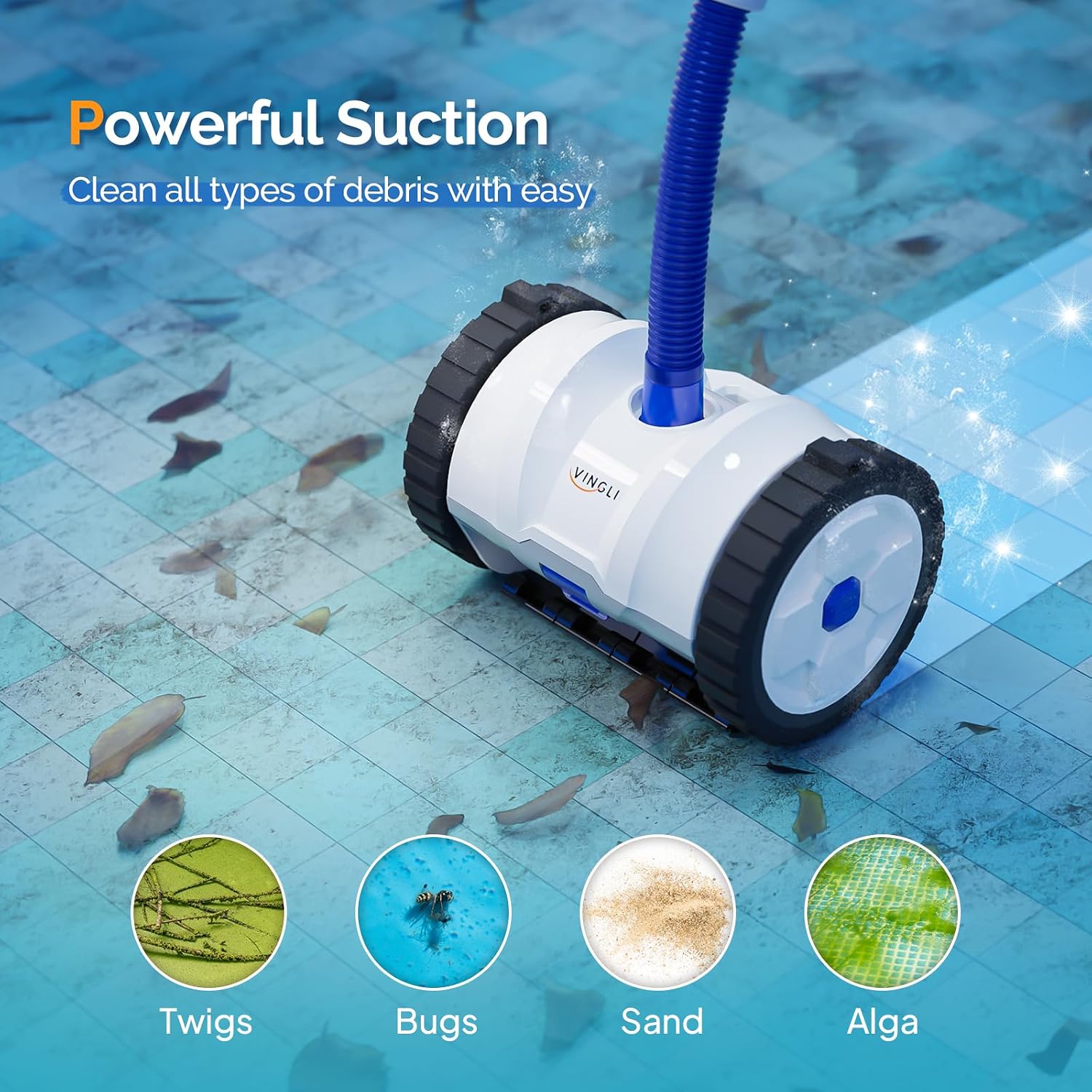 VINGLI Pro Auto Pool Cleaner – Advanced Suction Vacuum for Inground/Above Ground Pools – 40FT Hose, Quiet & Efficient Cleaning – Navy Blue & White