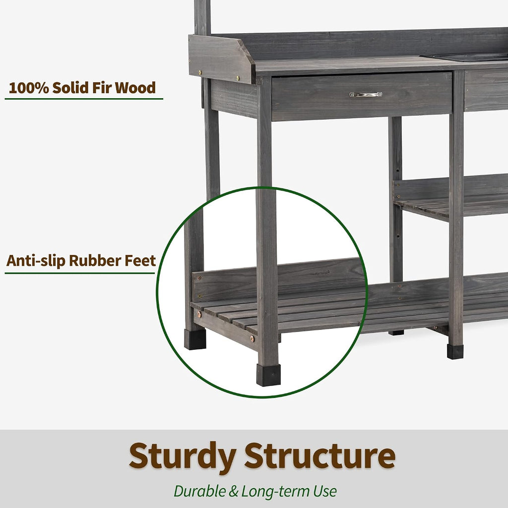 MCombo Potting Bench, Outdoor Garden Potting Table with Dry Sink, Drawer, Storage Shelves, Natural Wooden Work Station for Patio, Backyard and Porch 0458 (Grey)