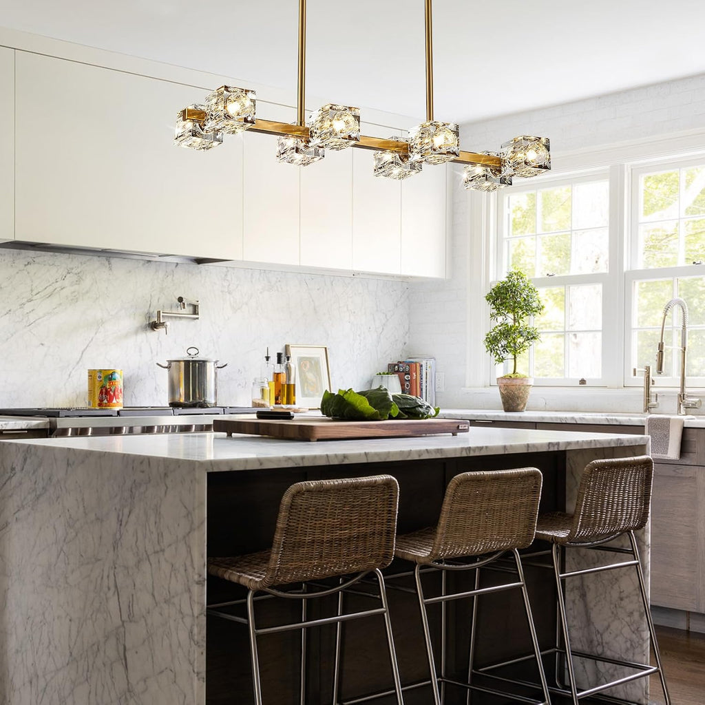 Dining Room Light Fixture,Gold Modern Crystal Chandelier Rectangular Pendant Light with 8 Light Farmhouse Chandeliers for Kitchen Island Dining Room Living Room Bedroom
