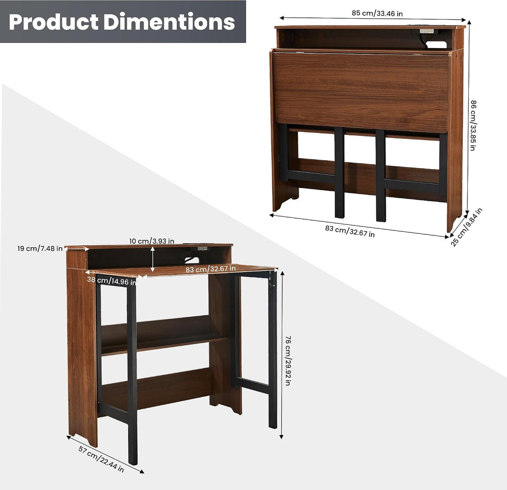 Fold Out Desk with Charging Station, Folding Desk with Monitor Stand,Storage Shelf,Small Foldable Desk for Compact Home Office Spaces