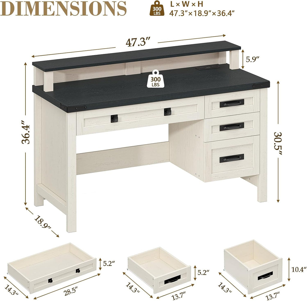 YOMILUVE Farmhouse Computer Desk with Drawers, 47' Small Computer Desk with Power Outlets, Home Office Desk with Monitor Stand & 4 Drawers, Writing Study Table, Black & White