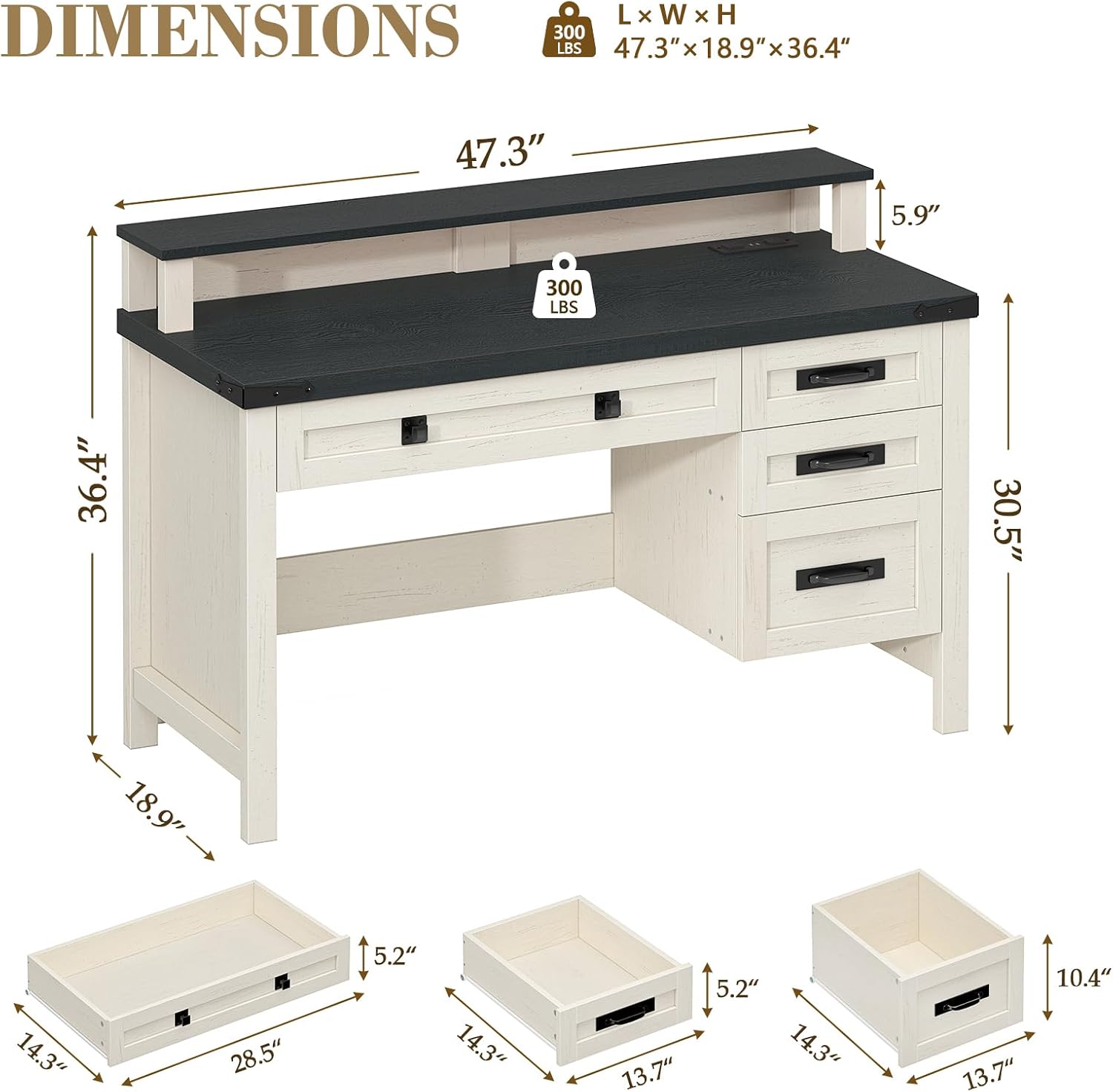 YOMILUVE Farmhouse Computer Desk with Drawers, 47' Small Computer Desk with Power Outlets, Home Office Desk with Monitor Stand & 4 Drawers, Writing Study Table, Black & White
